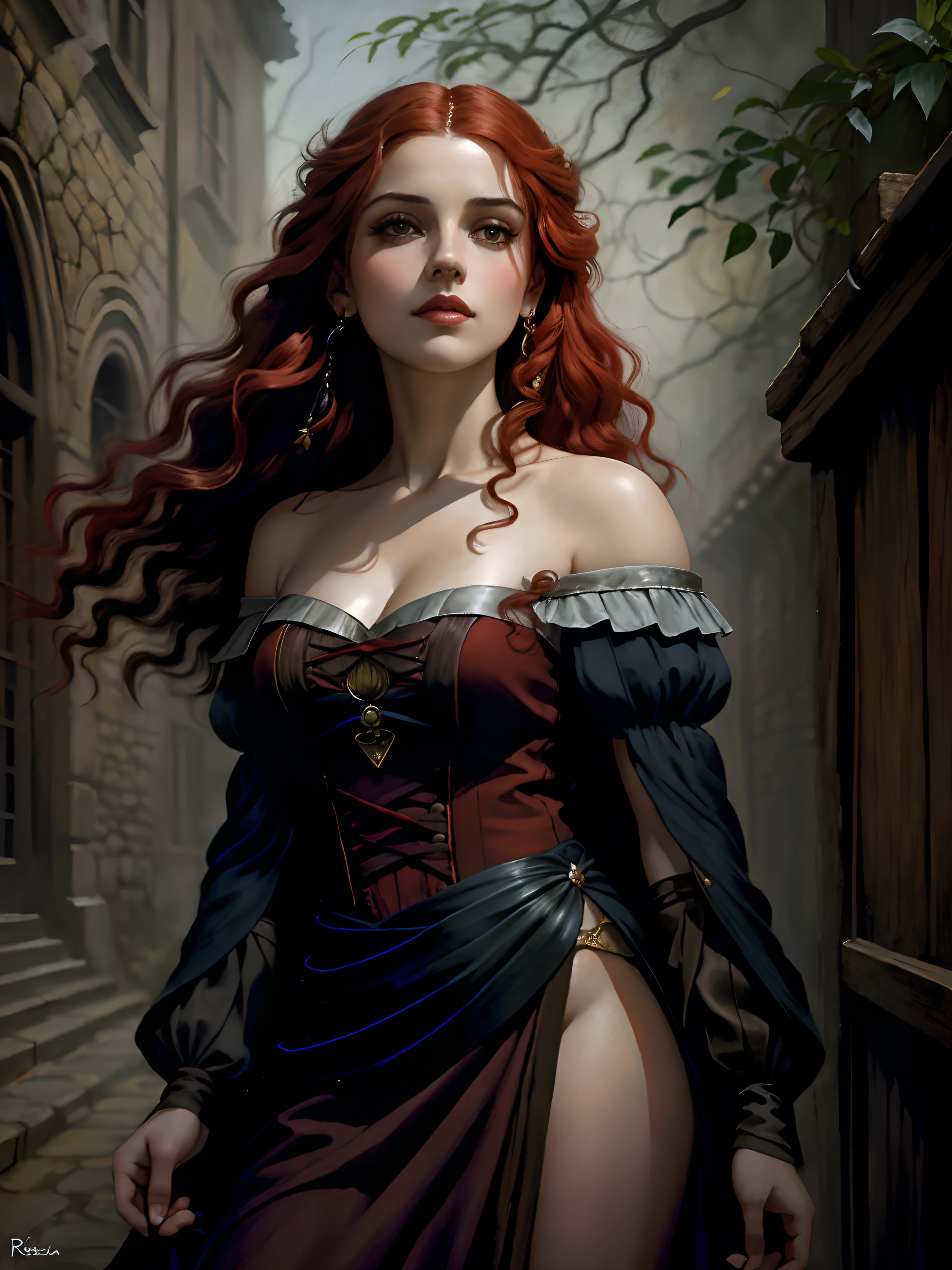 pintura de uma mulher com cabelo vermelho e um estrangulamento em um vestido preto, Estilo de arte de John Collier, Donzela com cabelo de cobre, estilo de Karol Bak, uma jovem ruiva, Retrato de uma jovem bruxa, Non-Bowater art style, Dirigido por: Robert Lenkiewicz, Geraldo Brom, Alberto Lynch, portrait of princess merida, Dave Sim, Red-haired girl in a shadowy palace, vestido preto e roxo de veludo usando um kokoshnic, vestido luxuoso preto, head adornment, gargantilha de renda
