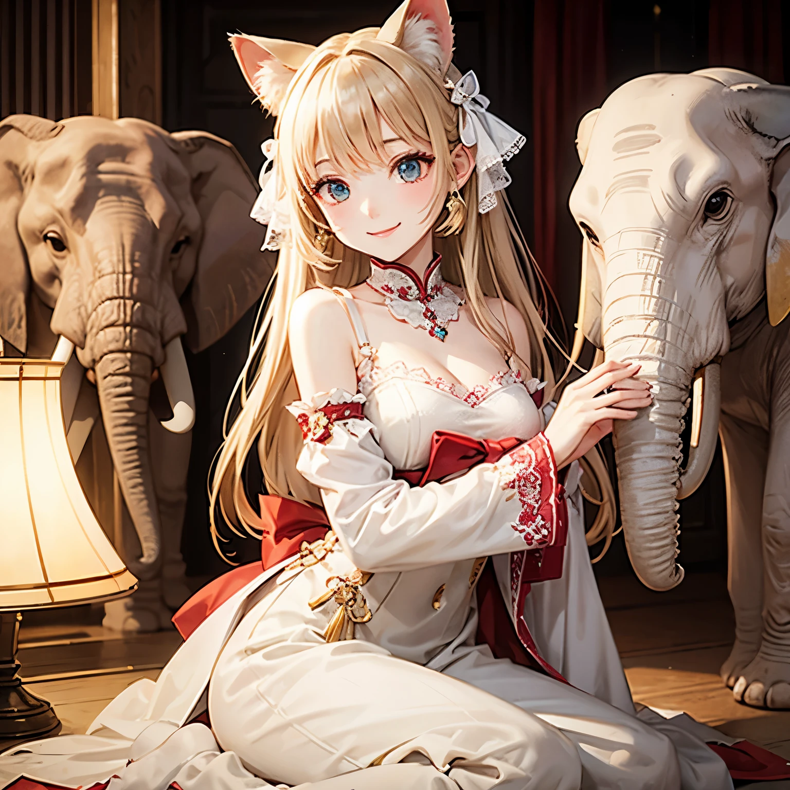 Cat with ivory ribbon、Ivory hair、Ivory eyes、Ivory clothes、elephant、smile、Asia、princess