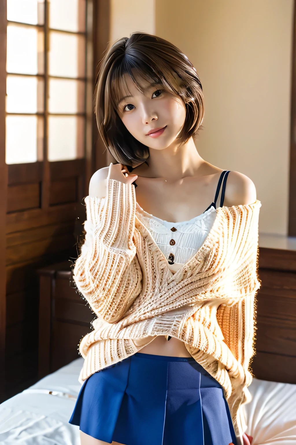 highest quality, Photorealistic, Very detailed, finely, High resolution, 8K Wallpaper, Professional, High level of detail, ((One 18 year old girl:1.2)), Slender Japanese women,Pretty lips, (Long eyelashes:1.2)、Detailed clavicle, Perfect Face, (Cute short bob hair:1.5),Top Quality,Ultra-clear resolution,Clear Eyes,Sunburned skin,Perfect breasts,have perfect legs,Focus on the legs,On the bed in a flared skirt,As if inviting him、wearing knit sweater & miniskirt, (Flirtingly lifting her skirt to show her panties:1.3)
