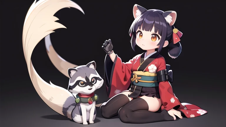 No background、girl、((Mechanical Limbs))、(())、(kemonomimi(raccoon))、(One short tail(raccoon))、kimono(No damage)