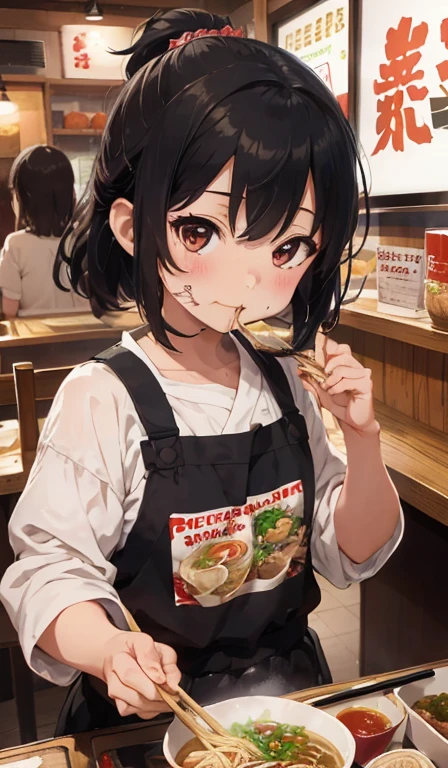 {Eating ramen with chopsticks} ,{Girl 1},Emotional{mouth watering},Thin noodles, 4K quality, Cinematic Quality,Ramen shop,{ girl},{Small body},{child} Blacred,cute,