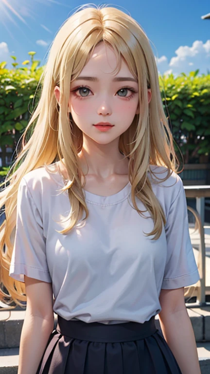 Blushing lightly and smiling, (Top quality masterpiece:1.2) Delicate illustrations, Very detailed, /Beautiful Japanese Woman、1 person,Very cute and slim、Excellent style 、((8K images、super high quality))、Very delicate face, beautiful forehead、Red lipstick,(((((Long Hair、Gradient Hair、Blonde))))),Very cute Japanese cut face、Eyes and nose are clearly visible、Kind eyes,(White shirt、Tight Skirt)、garden、Summer sunshine、Sweat