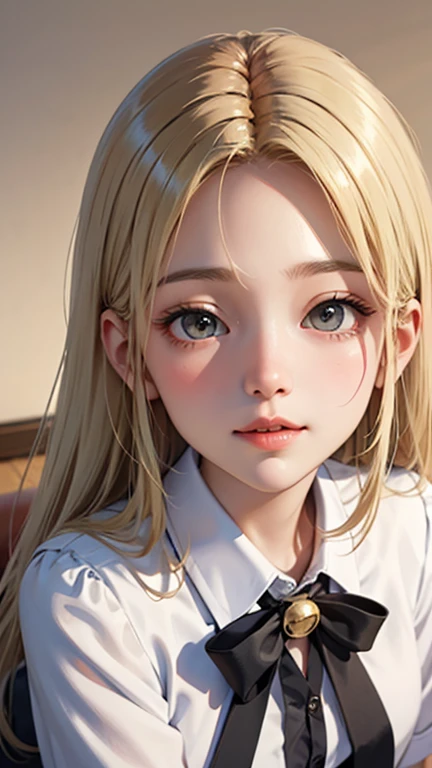Blushing lightly and smiling, (Top quality masterpiece:1.2) Delicate illustrations, Very detailed, /Beautiful Japanese Woman、1 person,Very cute and slim、Excellent style 、((8K images、super high quality))、Very delicate face, beautiful forehead、Red lipstick,(((((Long Hair、Gradient Hair、Blonde))))),Very cute Japanese cut face、Eyes and nose are clearly visible、Kind eyes,(White shirt、Tight Skirt)、garden、Summer sunshine、Sweat
