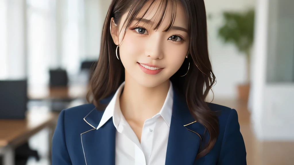 (masterpiece:1.2,highest quality),((office)),((Shot with an ultra-wide-angle prime lens)),depict the upper body,1 young woman,((business suit)),Black wavy hair,((Fine and beautiful eyes)),blushed,Healthy Skin,(smile),8k resolution