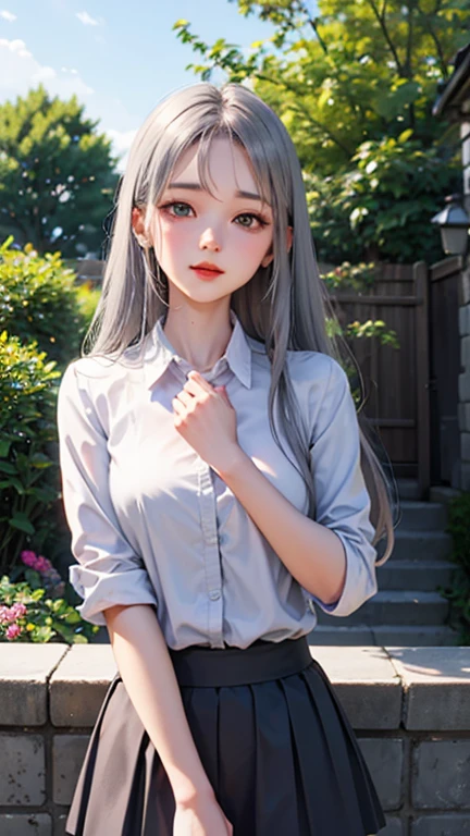 Blushing lightly and smiling, (Top quality masterpiece:1.2) Delicate illustrations, Very detailed, /Beautiful Japanese Woman、1 person,Very cute and slim、Excellent style 、((8K images、super high quality))、Very delicate face, beautiful forehead、Red lipstick,(((((Long Hair、Gradient Hair、Silver Hair))))),Very cute Japanese cut face、Eyes and nose are clearly visible、Kind eyes,(White shirt、Tight Skirt)、garden、Summer sunshine、Sweat
