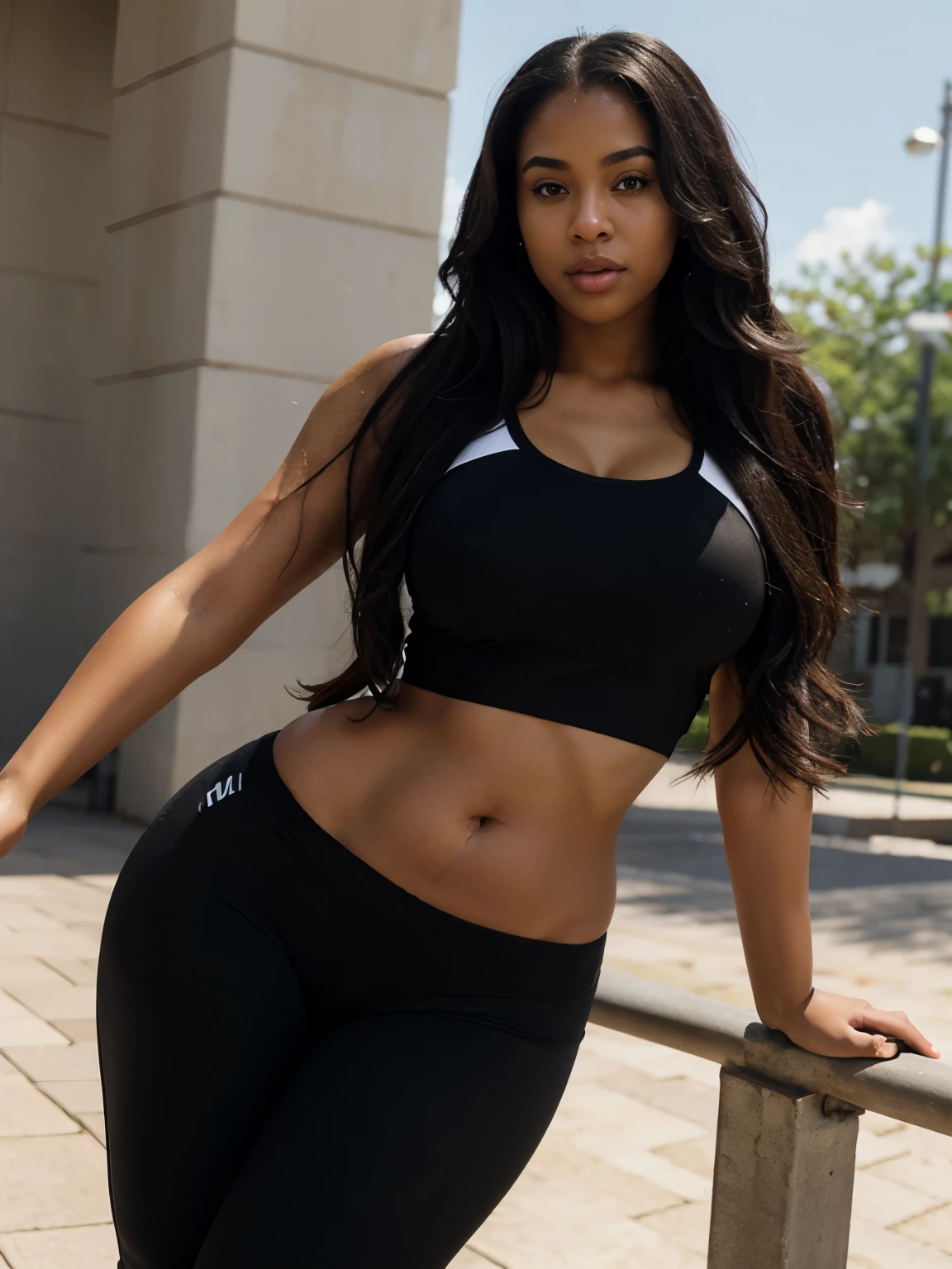 Mixed black ethnicity, curvy girl , long hair , , wearing sexy sport outfit