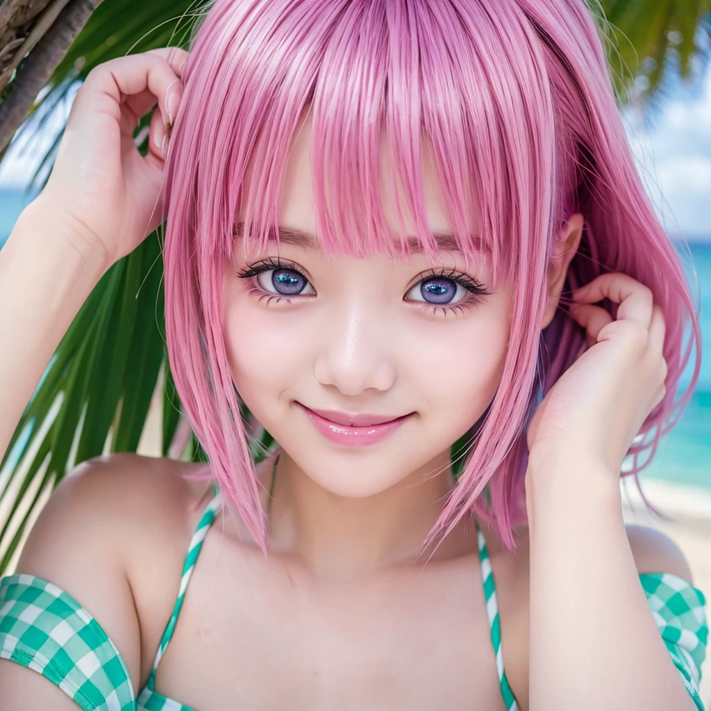 Girl、one person、 ************、Pink Hair、Purple eyeedium Bob、hair ornaments、Green checkered micro bikini、Big eyes、Ocean、null、(masterpiece:1.2, highest quality),、(Beautiful, detailed eyes: 1.2)、 (Ultra delicate),Smile、blush
