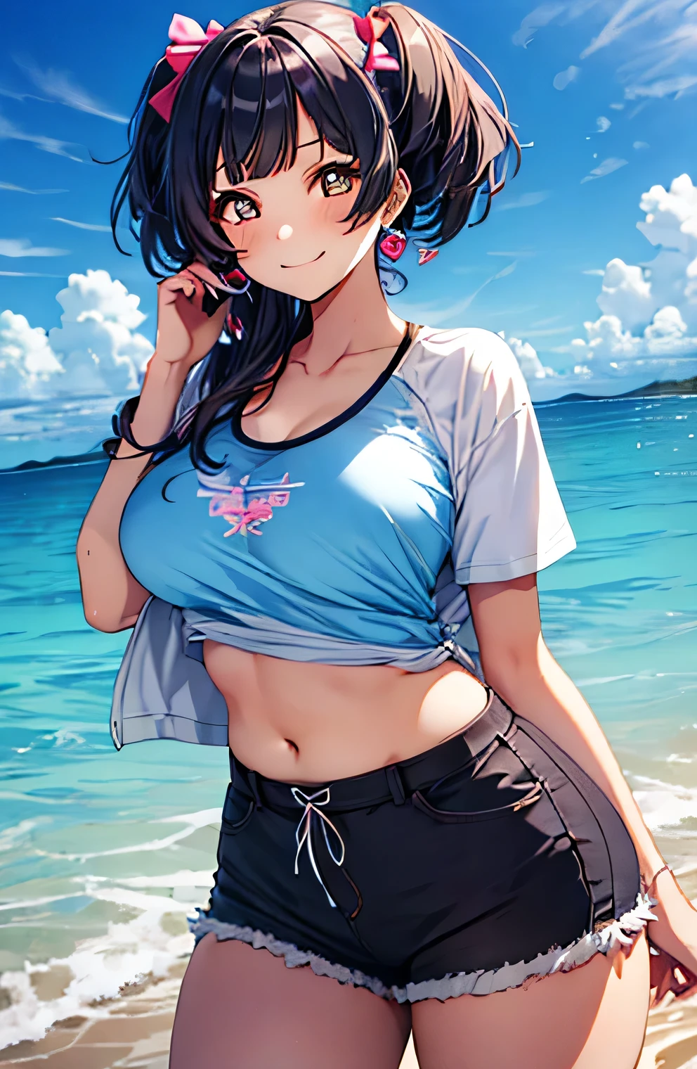 Anime illustration、highest quality、A short and plump high school girl、Sporty T-shirt、lovelive、hot pants、Sandy Beach、Perfect proportions、overwhelmingly big breasts、Beautiful, shining eyes、Blushed、smile、Cowboy Shot