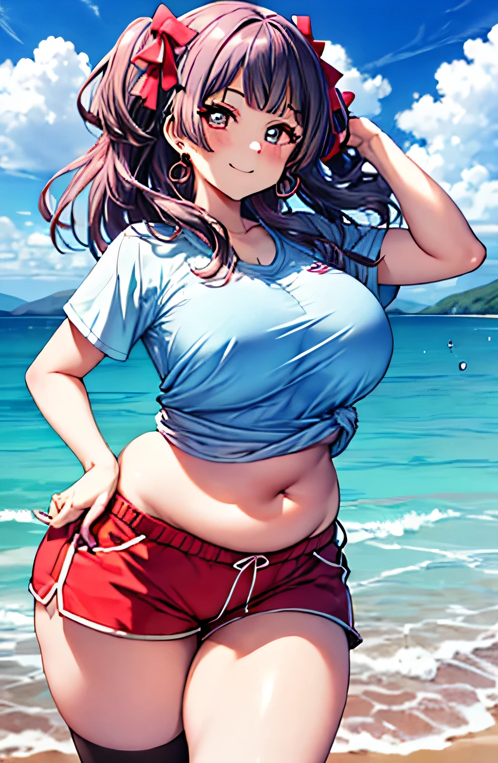 Anime illustration、highest quality、A short and plump high school girl、Sporty T-shirt、lovelive、hot pants、Sandy Beach、Perfect proportions、overwhelmingly big breasts、Beautiful, shining eyes、Blushed、smile、Cowboy Shot