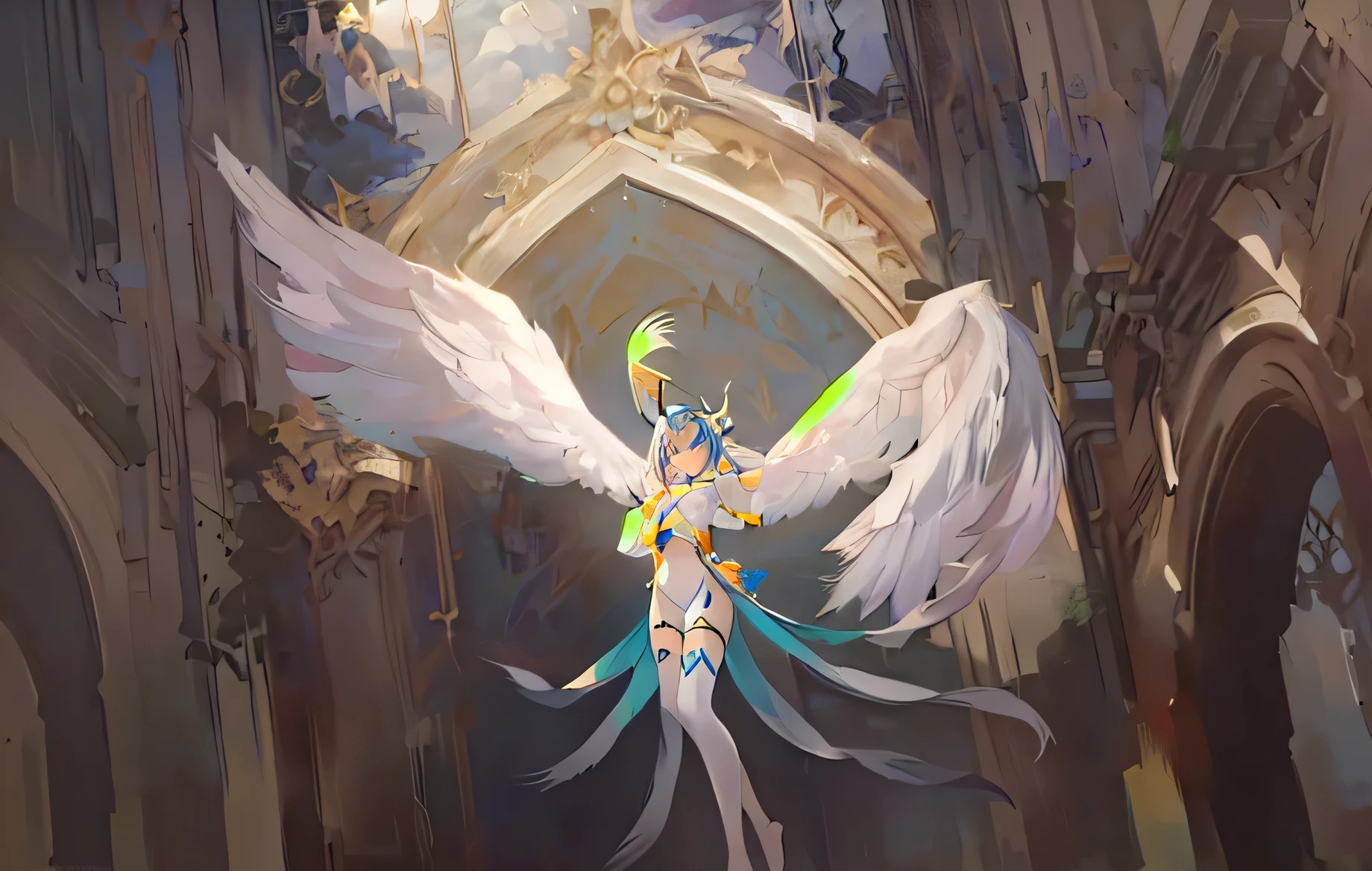 There is a painting,There is a woman with wings in the painting, ross tran 和 wlop, Peter Morbach c 2 0, WLOP 和 Sakimichan, Guweiz on Pixiv ArtStation, Inspired by WLOP, wlop 和 ross tran, peter moore style, Beautiful full body concept art, Wap Rose Sweepstakes