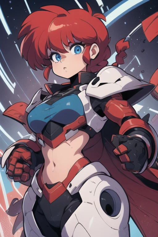 Ranmachan, cabello rojo, Cabello con trenza, ojos azules, ojos detallados, cuerpo completo, Technological armorMix, Technological Armor, ombligo, ombligo descubierto, abdomen plano