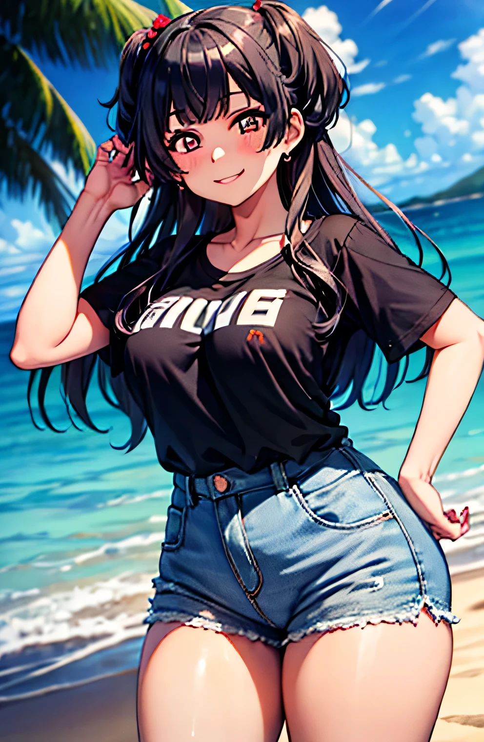 Anime illustration、highest quality、A short and plump high school girl、Sporty T-shirt、lovelive、hot pants、Sandy Beach、Perfect proportions、overwhelmingly big breasts、Beautiful, shining eyes、Blushed、smile、Cowboy Shot