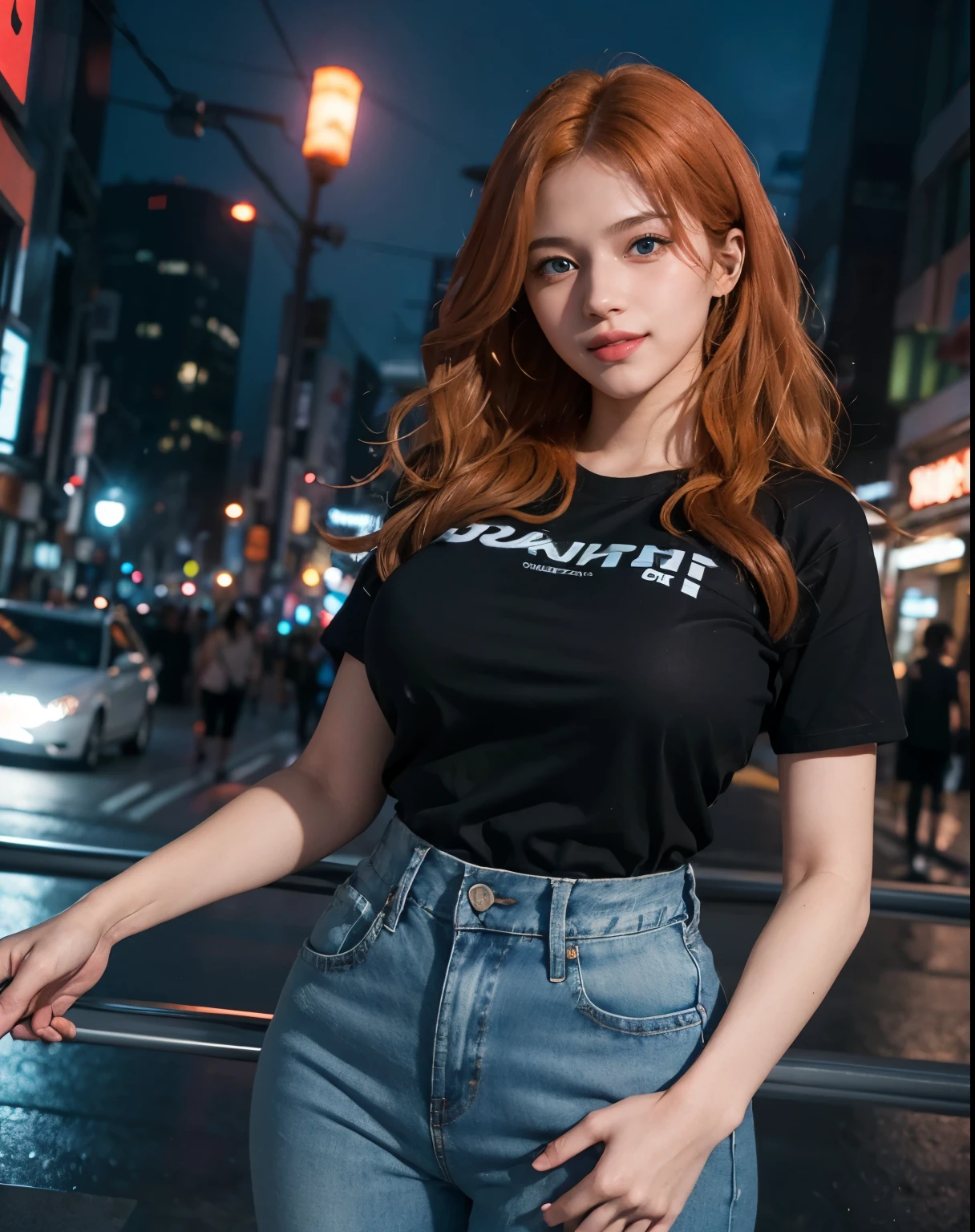 1girl, (Blue Eyes), (smiling :1.2), (Sana Minatozaki), wide hips, Big tits, big ass, (thin waist: 1.2), (thick and toned thighs), (Best Quality, 8k, Masterpiece: 1.3), Clear Focus: 1.2, Perfect Body Beauty: 1.4, strong abs, Highly detailed face and skin texture, detailed eyes, double eyelids, (orange long wavy hair :1.2), (black t-shirt :1.1), (jeans), standing, bent over showing her tits, in a Tokyo neighborhood at night, Japan at night