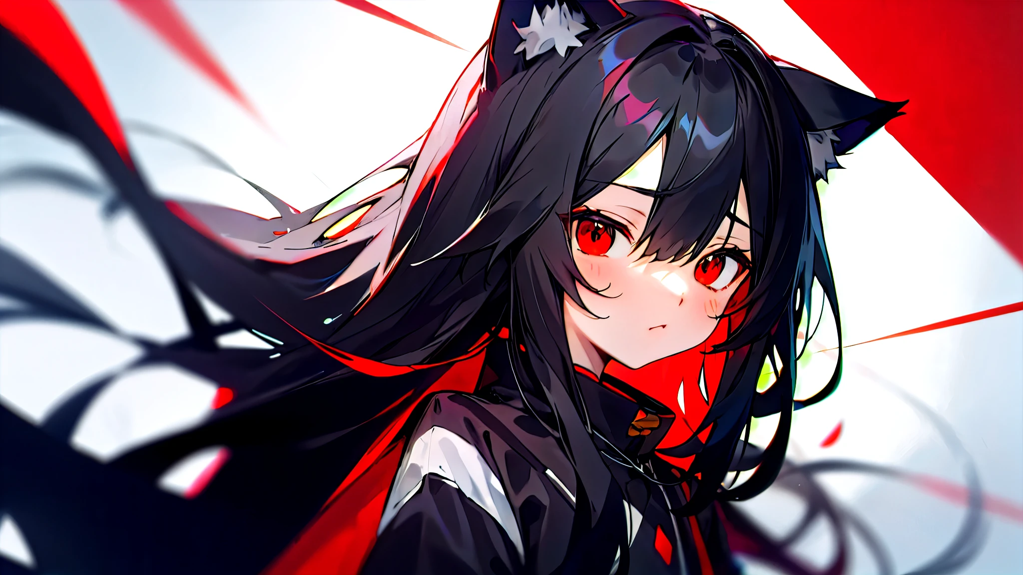 Black long hair red eyes black fox ears black fox tail wearing black and red dres