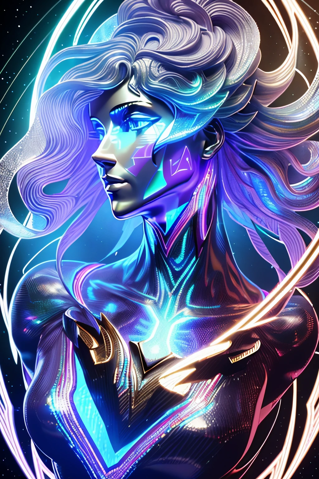 best quality, super fine, 16k, incredibly absurdres, extremely detailed, delicate, flashy and dynamic depiction, mysterious and beautiful plaster bust of God, fusion with iridescent holograms, iridescent holographic projection, room surrounded by prism walls, scattering light