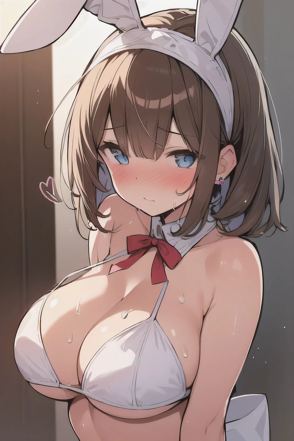 (best quality), (Super detailed), (Best Illustration), (woman), look at viewer, (ribbon bikini), (large Breasts:1.2), {brown hair, (bob cut:1.2), curly hair, hairs between eyes}, {(detailed eyes), heart-shaped pupils, blue eyes}, blush, sweat, steam, earrings, (rabbit hairband),