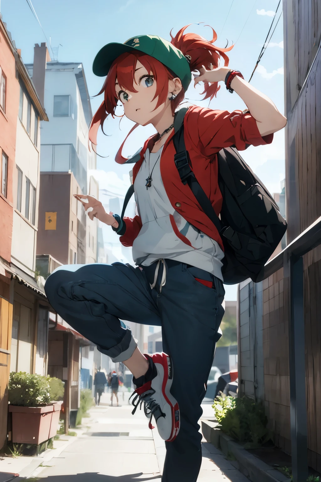 anime girl, red hair, skatebording, long hair, green hoodie, blue baggy pants, cap, backpack, bracelet, necklace, earring, parkour, running, jumping