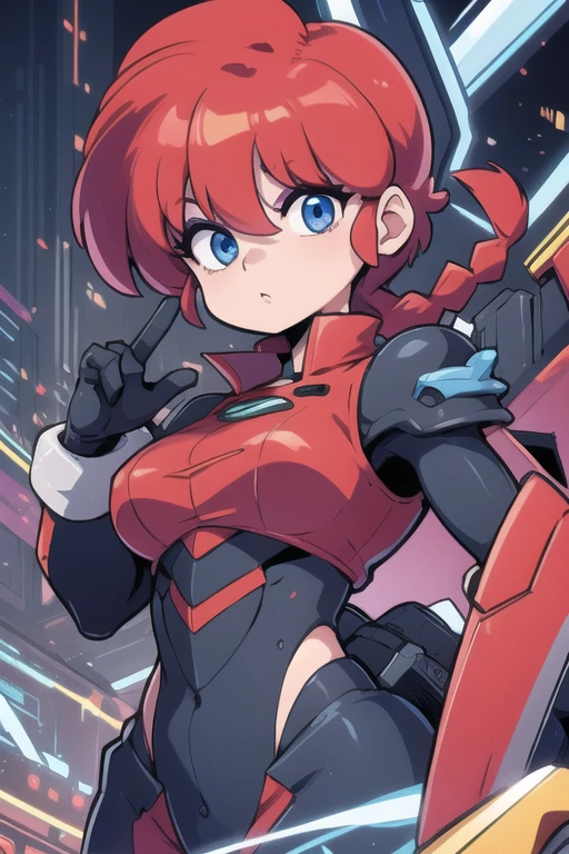 Ranmachan, cabello rojo, Cabello con trenza, ojos azules, ojos detallados, cuerpo completo, Technological armorMix, Technological Armor 
