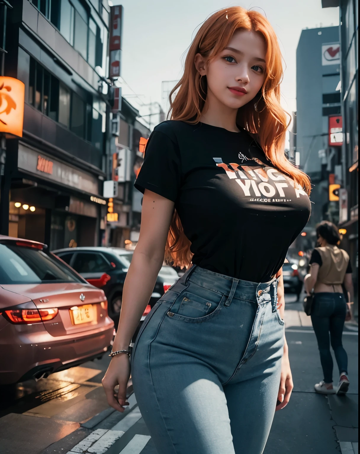 1girl, (Blue Eyes), (smiling :1.2), (Sana Minatozaki), wide hips, Big tits, big ass, (thin waist: 1.2), (thick and toned thighs), (Best Quality, 8k, Masterpiece: 1.3), Clear Focus: 1.2, Perfect Body Beauty: 1.4, strong abs, Highly detailed face and skin texture, detailed eyes, double eyelids, (orange long wavy hair :1.2), (black t-shirt :1.1), (jeans), standing, bent over showing her tits, in a Tokyo neighborhood at night, Japan at night