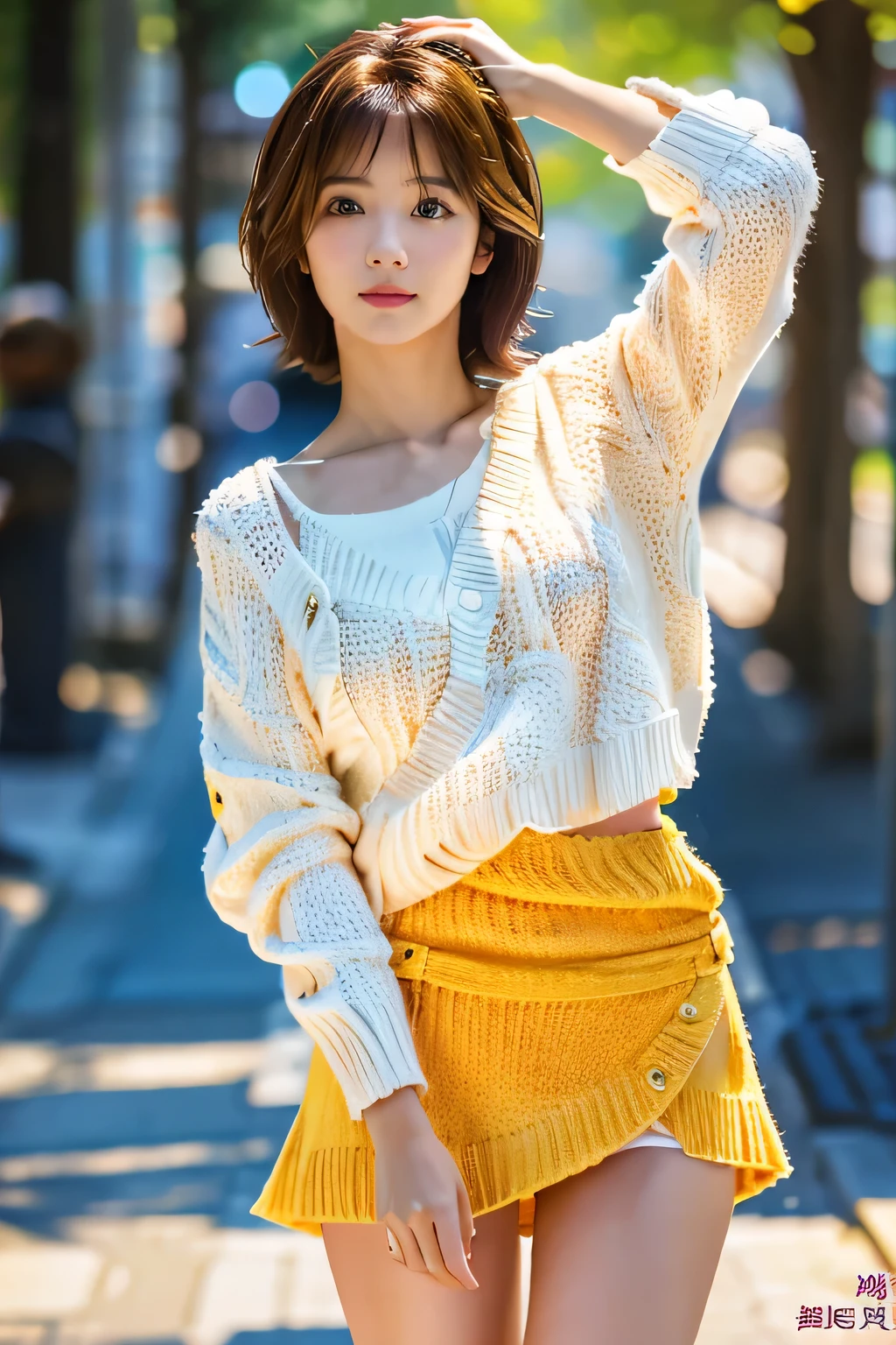 highest quality, Photorealistic, Very detailed, finely, High resolution, 8K Wallpaper, Professional, High level of detail, ((One 18 year old girl:1.2)), Slender Japanese women,Pretty lips, (Long eyelashes:1.2)、Detailed clavicle, Perfect Face, (Cute short bob hair:1.5),Top Quality,Ultra-clear resolution,Clear Eyes,Sunburned skin,Perfect breasts,have perfect legs,Focus on the legs,On the bed in a flared skirt,As if inviting him、wearing knit sweater & miniskirt, (Flirtingly lifting her skirt to show her panties:1.3)