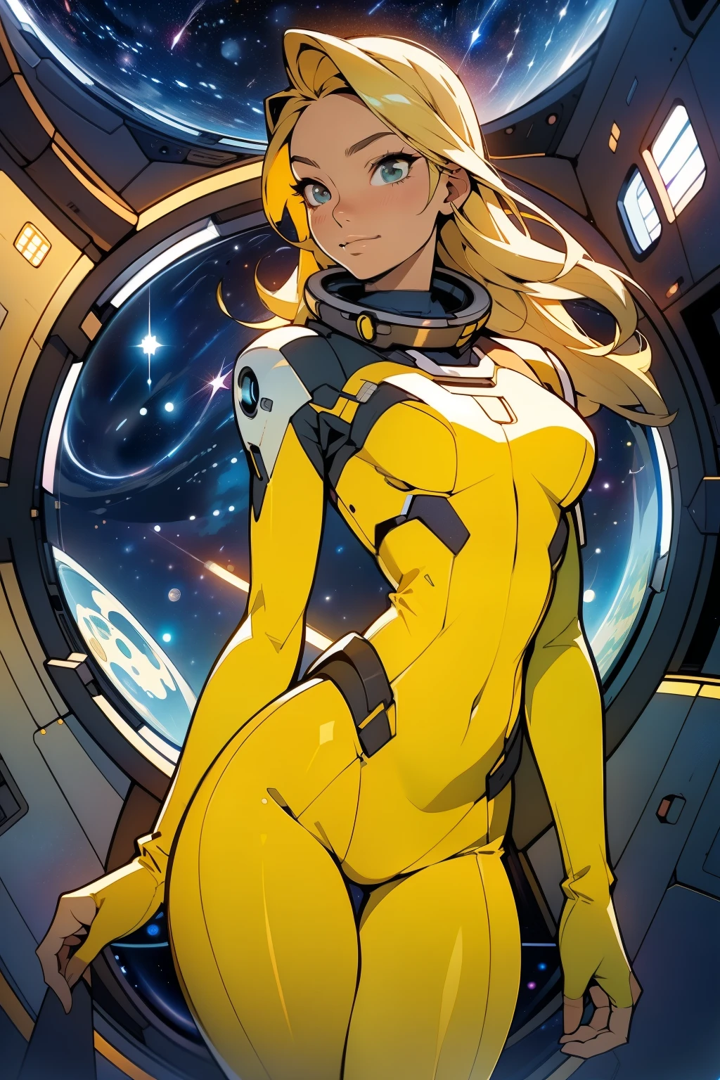 (masterpiece, best quality:1.2), (cowboy shot:1.1), solo, 1girl, mori yuki, slight smile, closed mouth, almost frontal view, looking at viewer, blonde hair, long hair, thigh gap, yellow bodysuit, skin-tight, perfect body, large window, (starship porthole:1.3), (spread legs:1.0), (standing:1.1), thigh gap, sensual pose, sideview, perfect hands, bright starship interior, (outer space view:1.1), (orbital view:1.3), (night, stary sky:1.5), milky way