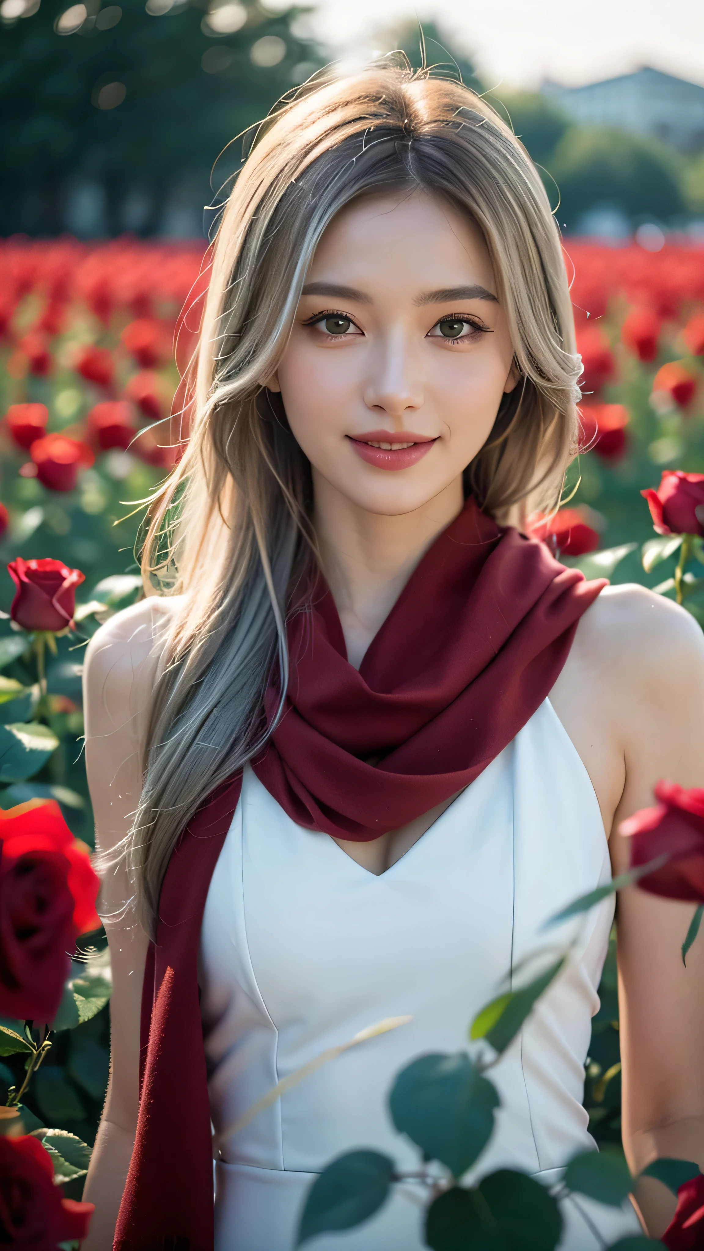 Vista, Panorama, Perspective, Depth of Field, Bust, Upper Body, Cinematic Angle, Masterpiece, Best Quality, Ultra Detailed, CG, 8K Wallpaper, Beautiful Face, Delicate Eyes, A Maiden, Solo, Smile, Silver Hair, Golden Eyes, Fair Skin, Hair Strands, Red Scarf, White Evening Dress, Rose Field, Red Flowers, Roses, Flower Field, Petals, Flying Petals, Smiling