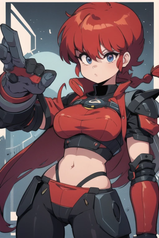 Ranmachan, cabello rojo, Cabello con trenza, ojos azules, ojos detallados, cuerpo completo, Technological armorMix, Technological Armor, ombligo, ombligo descubierto