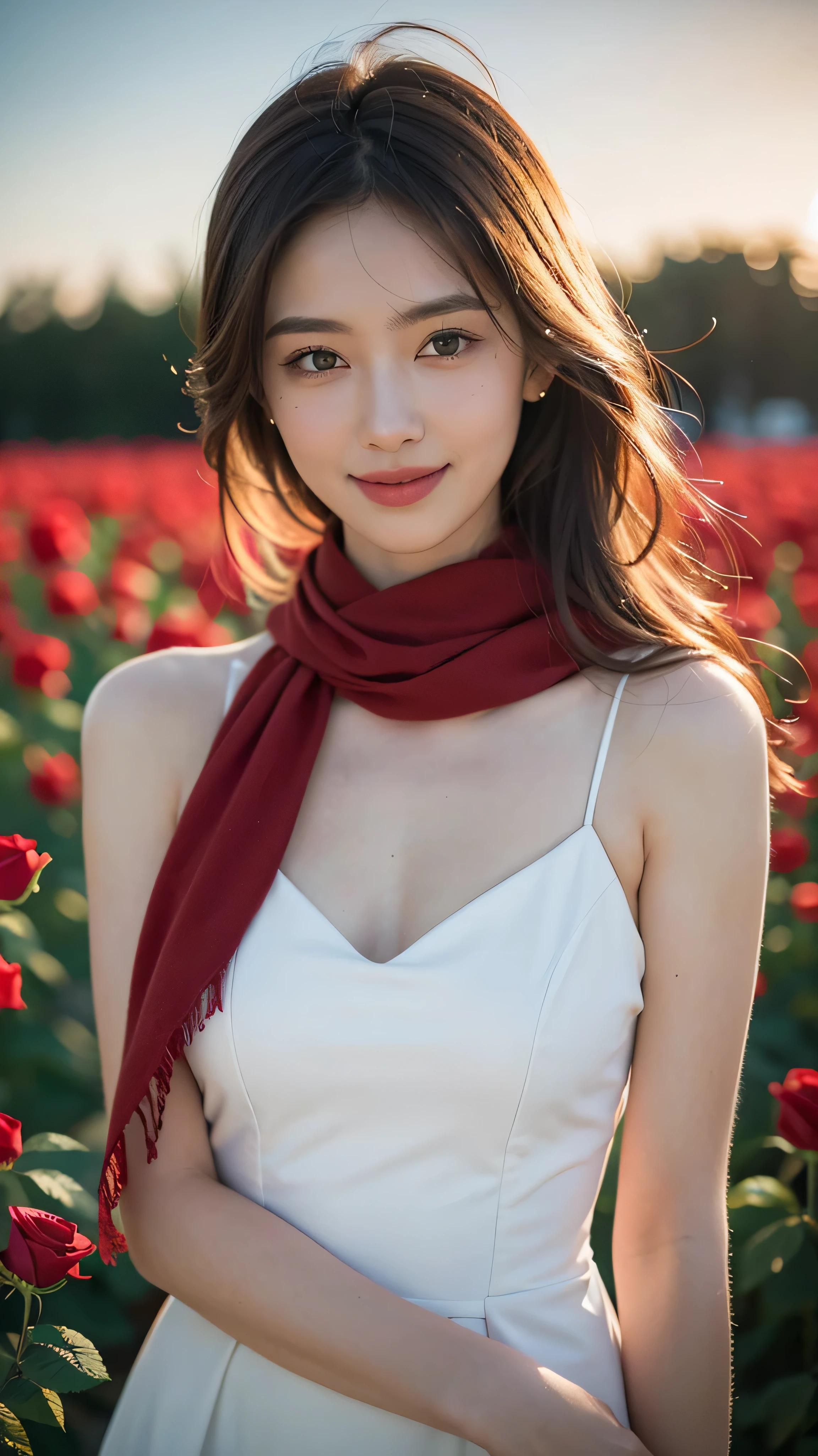 Overlooking, Panorama, far and near method, Depth of written boundary,navel,naked, bust, Upper Body, Cinematic angle, masterpiece, highest quality, Super detailed, CG, 8k wallpaper, Beautiful Face, Delicate eyes, Otome, solo, Smile, Silver Hair, Golden Eyes, Fair skin, hair, Red scarf, rose field, Red flower, rose, Flower Field, petal, Flying petal, smile