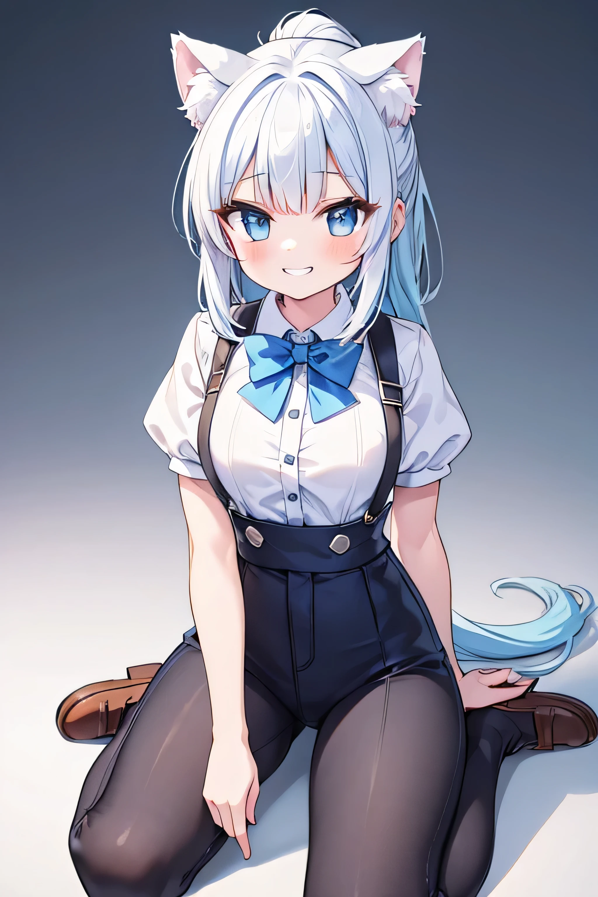 masterpiece, top quality, super detailed, CG illustration, high resolution, better lighting, best shadows, very delicate and beautiful, proper shading, hd, 8k, 1girl, solo, long hair, breasts, looking at viewer, blush, smile, bangs, simple background, shirt, hair ornament, Blue eyes, bow, animal ears, medium breasts, full body, white shirt, ponytail, white hair, short sleeves, hair bow, Blue hair, multicolored hair, shoes, collared shirt, pants, cat ears, blunt bangs, grin, animal ear fluff, buttons, brown footwear, suspenders,Blue bow, Blue pants