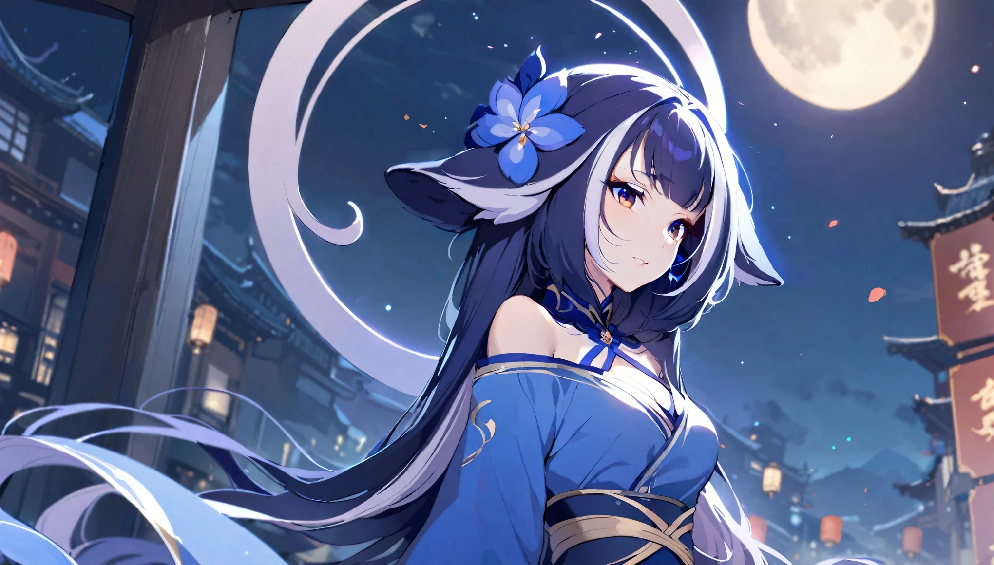 (shylily/(Twich/):1.5),(masterpiece:1.2),(best quality:1.2),, (1girl:1.3),(origin:1.5), Movie Light, Super High Resolution, Chinese painting, 1 girl, Solo, mid-chest, night, moon, city street, headdress, hair flower, Chinese art, Hanfu, branch, long hair, belt, upper body, Chinese clothing, jewelry, long sleeves, earrings, flower branch,
