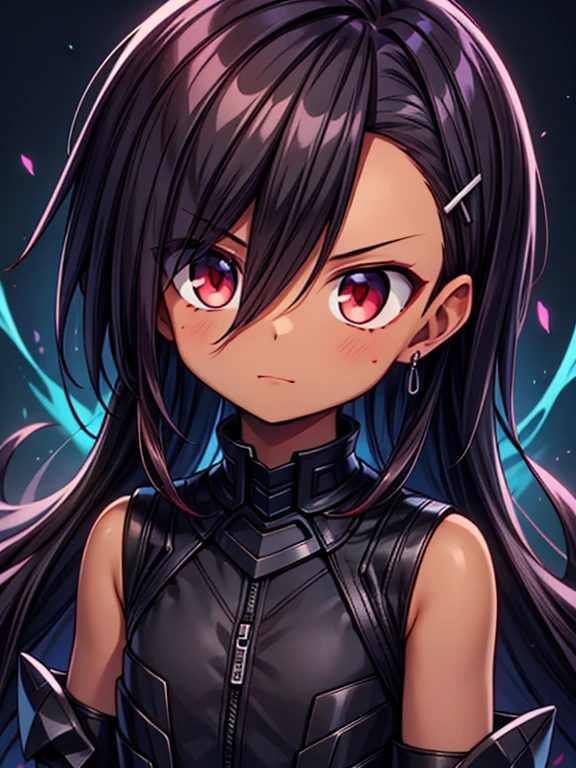 Masterpiece High res, high definition, (((dark skin tone))),dark skin male, dark skin, cute shota,red eyes, black hairpin, brown hair, medium dark brown hair,wearing a black exoskeleton, detached sleeves, black armoured Gauntlets, black tech jacket, black bodysuit,black exoskeleton, black fingerless gloves, blue gems, close up
