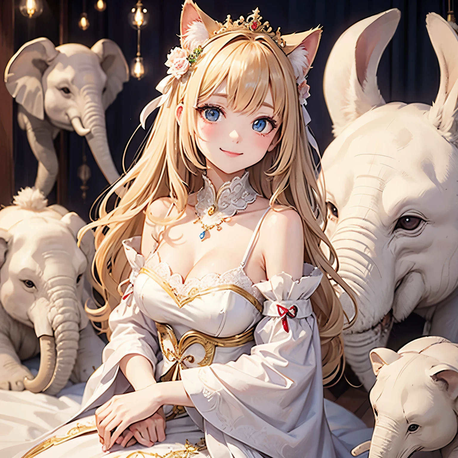 Cat with ivory ribbon、Ivory hair、Ivory eyes、Ivory clothes、elephant、smile、Asia、princess