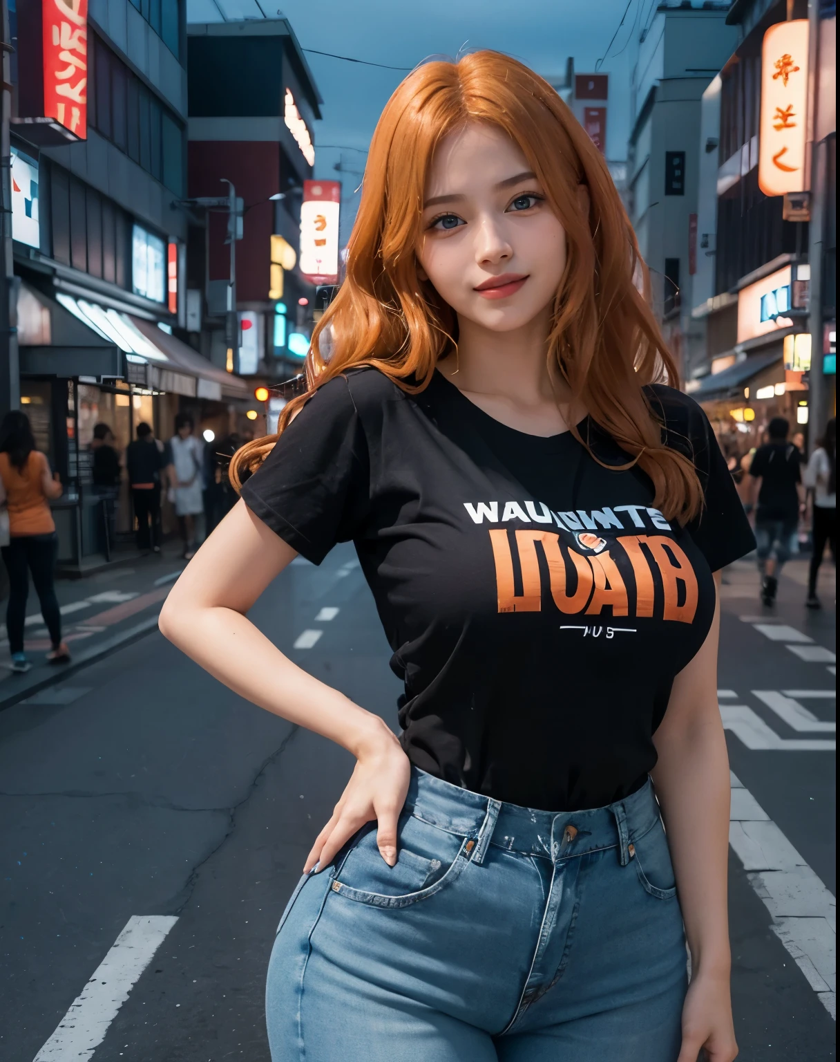 1girl, (Blue Eyes), (smiling :1.2), (Sana Minatozaki), wide hips, Big tits, big ass, (thin waist: 1.2), (thick and toned thighs), (Best Quality, 8k, Masterpiece: 1.3), Clear Focus: 1.2, Perfect Body Beauty: 1.4, strong abs, Highly detailed face and skin texture, detailed eyes, double eyelids, (orange long wavy hair :1.2), (black t-shirt :1.1), (jeans), standing, bent over showing her tits, in a Tokyo neighborhood at night, Japan at night