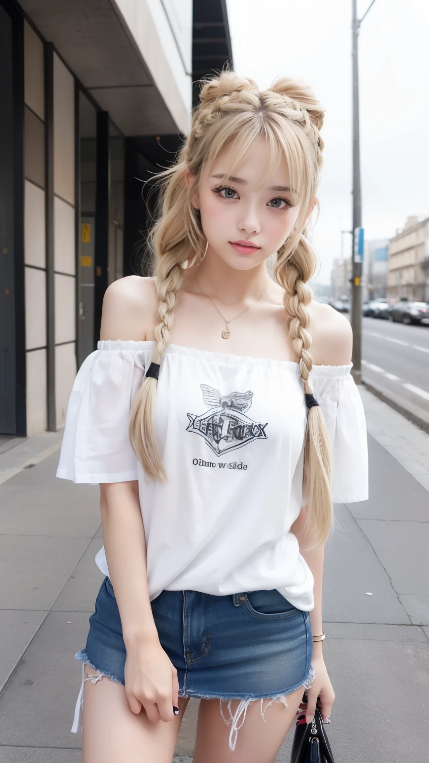 Sexy big 、A cute 21-year-old girl with a sexy and cute look, Beautiful and sexy face、The strong wind blows the hair in front of my face、Blonde French braids with cute and sexy eyes hidden by long bangs、Off-the-shoulder t-shirt、Tulle miniskirt