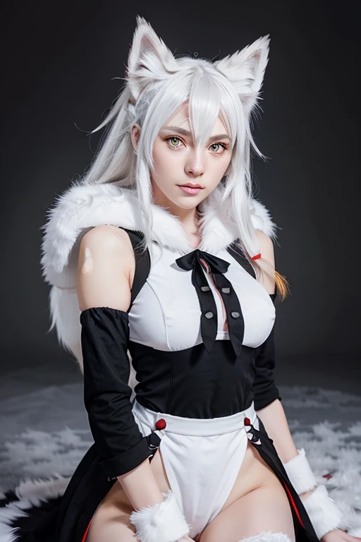 White anime character with yellow eyes and black and red clothes, attractive white wolf animation, , SFW version, nyaruko-san, Neferpitu, fur animation, fur art