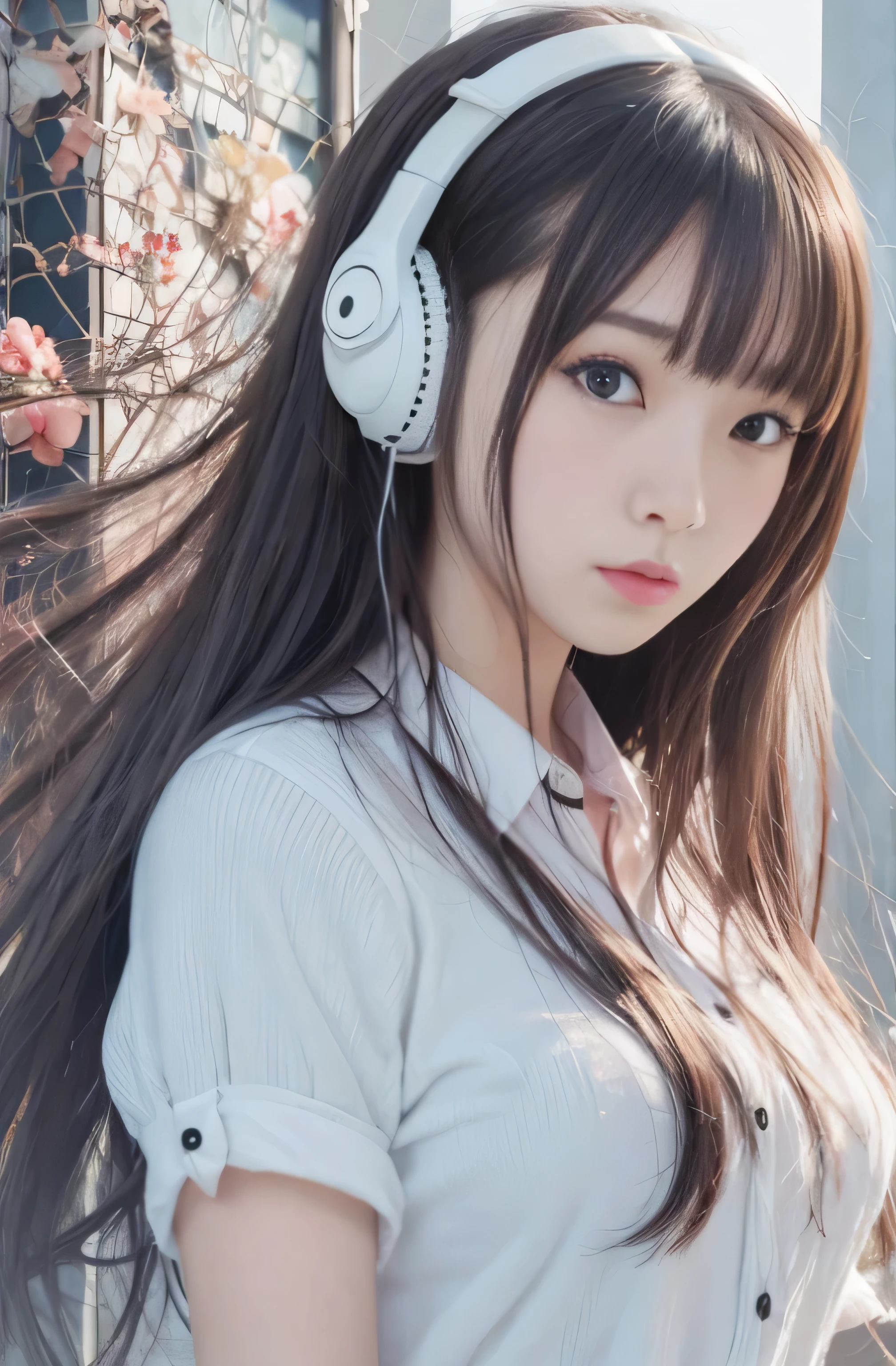 ((RAW Image Quality:1.4)), Girl with long hair and blue eyes standing in front of a colorful background, uniform, White lightweight blouse, Big Breasts, Hair blowing in the wind, Cute girl visuals, Moe art style, Smooth Art Photography, Hololive, Visual novel, Beautiful school girl, headphone, Splash Art , hanayamata, Portraiture, Cute and realistic portrait, everyone, Official artwork