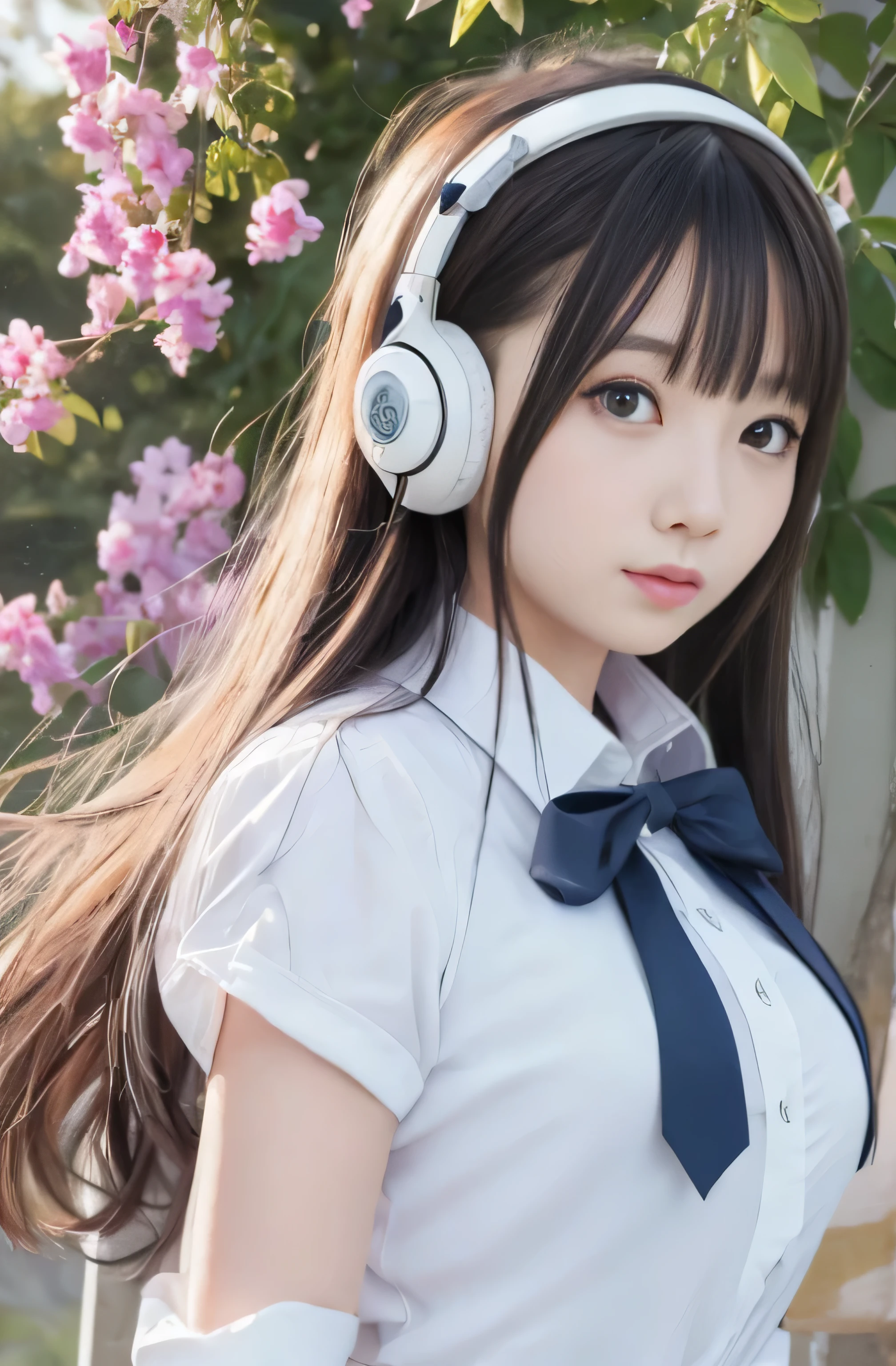 ((RAW Image Quality:1.4)), Girl with long hair and blue eyes standing in front of a colorful background, uniform, White lightweight blouse, Big Breasts, Hair blowing in the wind, Cute girl visuals, Moe art style, Smooth Art Photography, Hololive, Visual novel, Beautiful school girl, headphone, Splash Art , hanayamata, Portraiture, Cute and realistic portrait, everyone, Official artwork