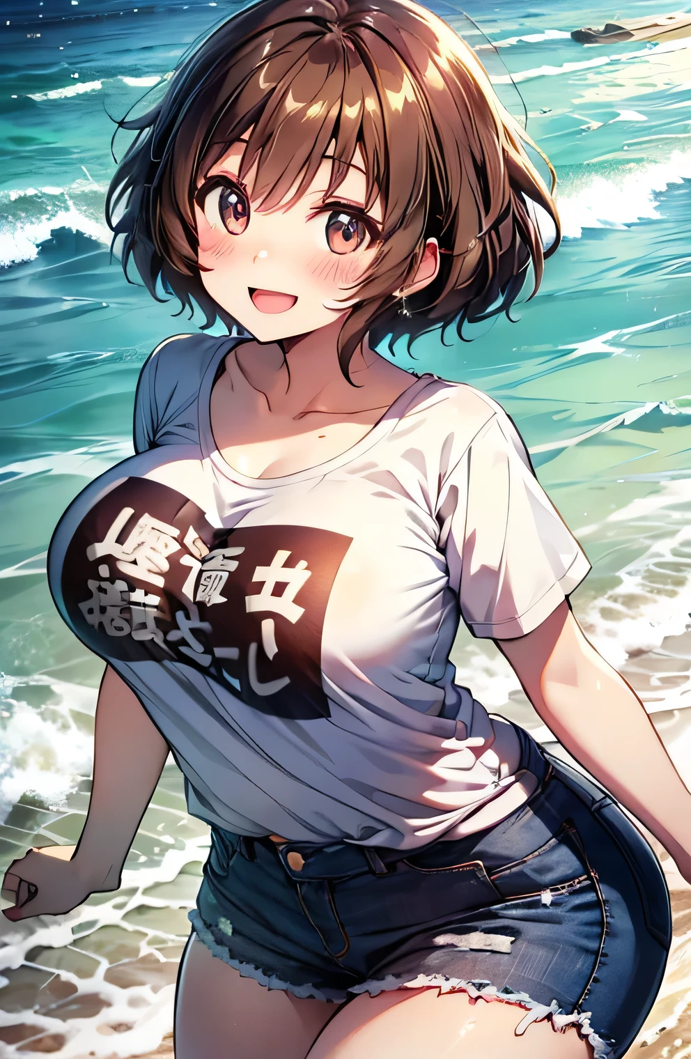 Anime illustration、highest quality、A short and plump high school girl、Sporty T-shirt、Shibuya Rin、hot pants、Sandy Beach、Perfect proportions、overwhelmingly big breasts、Beautiful, shining eyes、Blushed、smile、Cowboy Shot