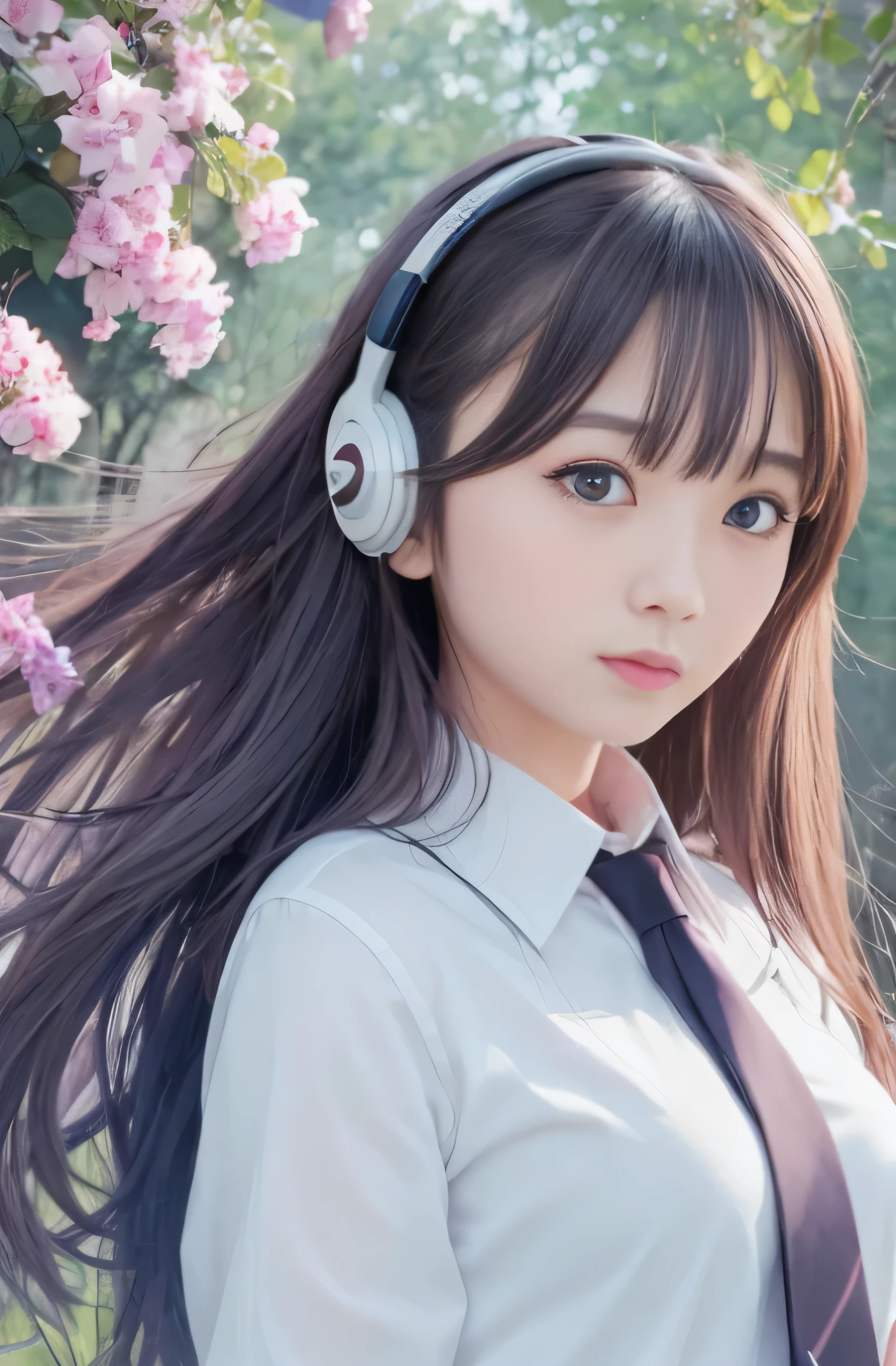 ((RAW Image Quality:1.4)), Girl with long hair and blue eyes standing in front of a colorful background, uniform, White lightweight blouse, Big Breasts, Hair blowing in the wind, Cute girl visuals, Moe art style, Smooth Art Photography, Hololive, Visual novel, Beautiful school girl, headphone, Splash Art , hanayamata, Portraiture, Cute and realistic portrait, everyone, Official artwork