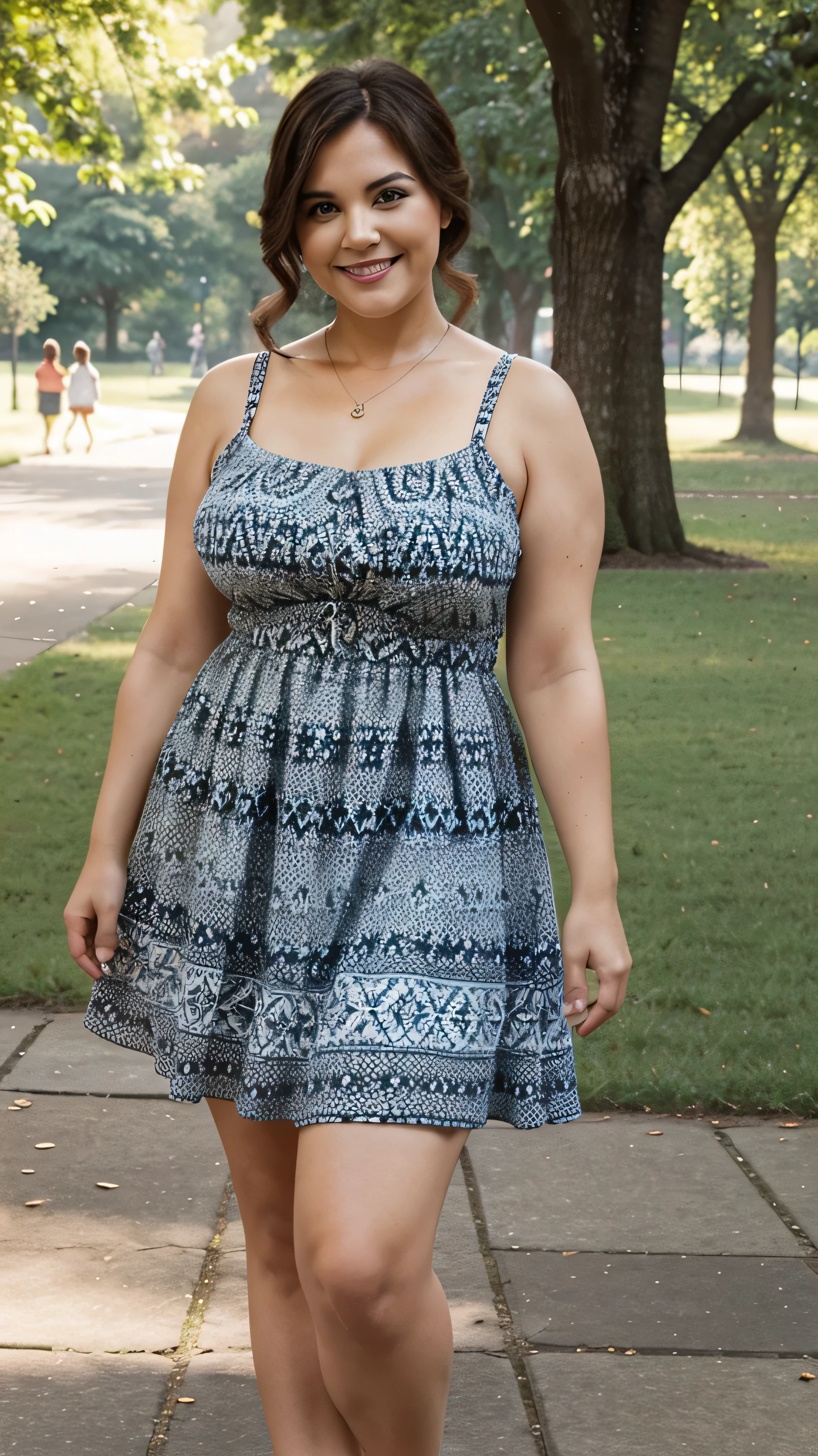 A beautiful and hot almost chubby mature woman.who is wearing a patterned short dress and is and standing in the park. A smiling face

