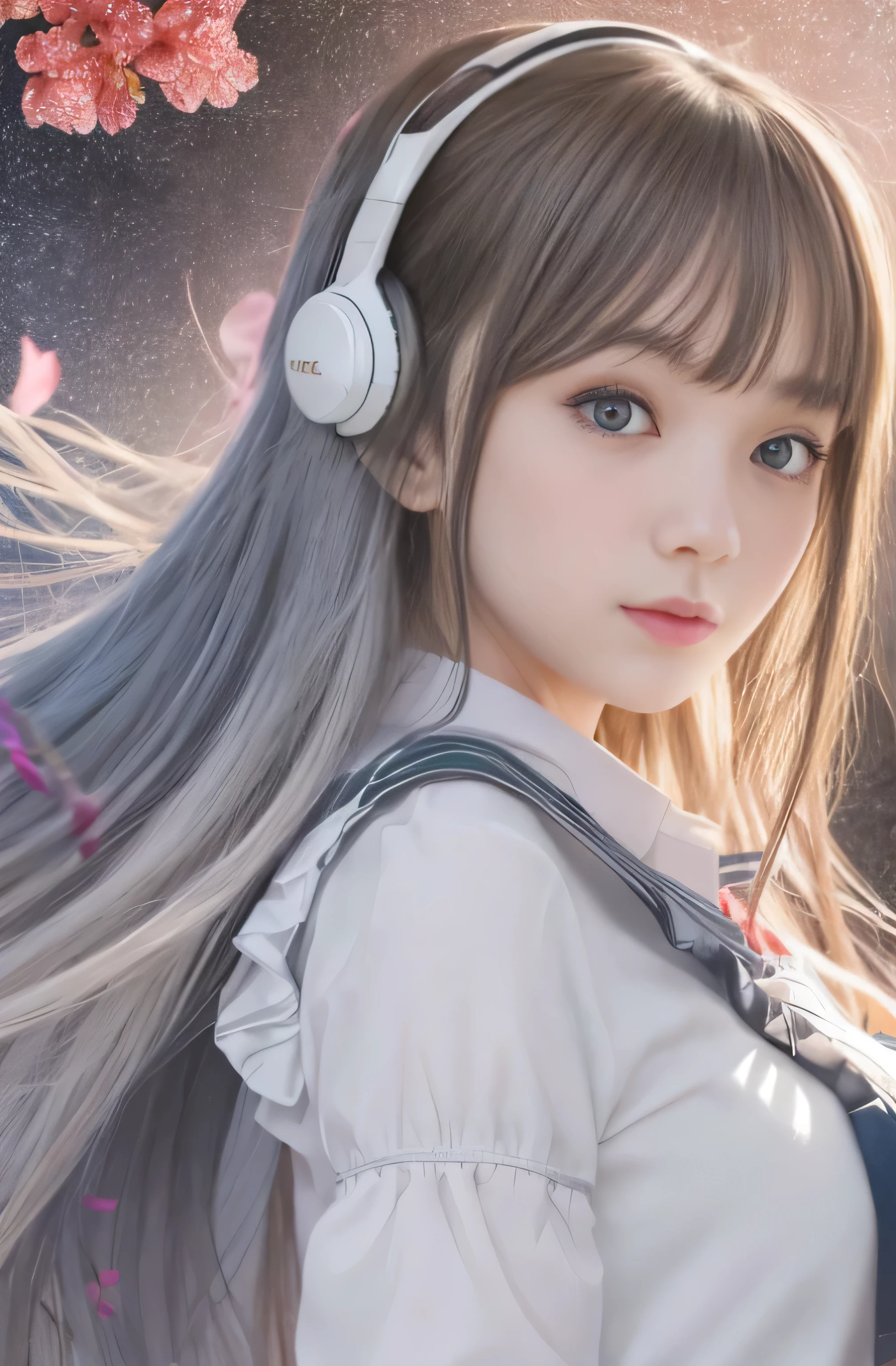((RAW Image Quality:1.4)), Girl with long hair and blue eyes standing in front of a colorful background, uniform, White lightweight blouse, Big Breasts, Hair blowing in the wind, Cute girl visuals, Moe art style, Smooth Art Photography, Hololive, Visual novel, Beautiful school girl, headphone, Splash Art , hanayamata, Portraiture, Cute and realistic portrait, everyone, Official artwork
