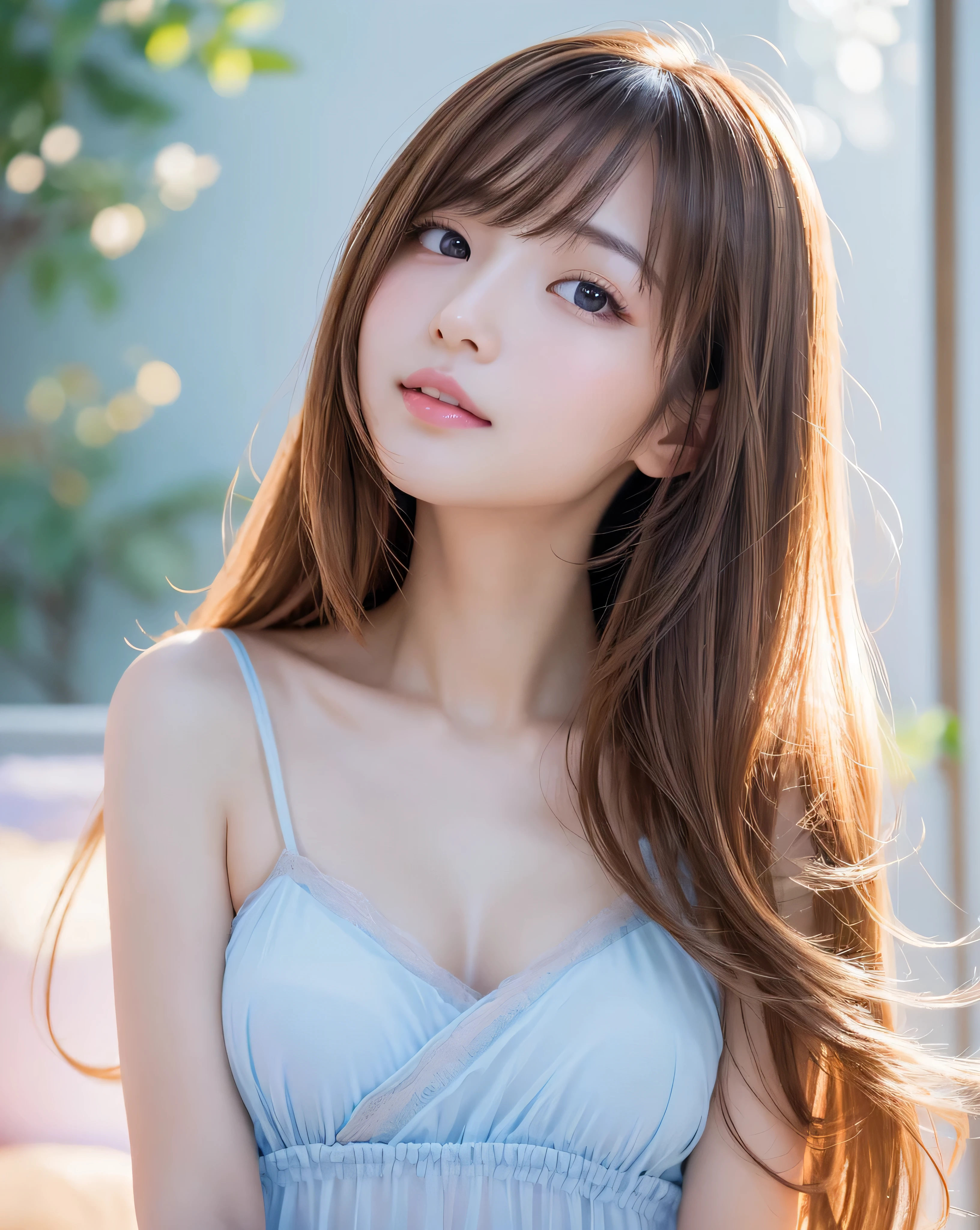 (highest quality, 32k, High resolution, masterpiece:1.5, ), Memorable photographs in an abstract style, ((In a swirl of fantastic pastel colors and soft light)), Evoking a soothing tranquility and elusive beauty, Very rich emotional expression, Have a rich imagination, Cute Japanese Girls, whole body, Unexpected angle, An exceptionally beautiful face, Magical big eyes, Looking up at the sky with a gentle smile, motherhood and tolerance, Overflowing affection, ((Shiny brown hair)), Beautifully styled super long silky hair, Asymmetrical bangs, Hair between the eyes, Transparent and soft white skin, Neat, thin eyebrows, double eyelid, Detailed pale pink lips, ((Light blue transparent camisole,)), High resolution perfect clavicle, Beautiful chest in high resolution, Slender body with ample breasts, High resolutionの美しい太もも, Morning Stream, Soft sunlight, Professional Lighting, Professional Photographer, Professional Model,Mysterious