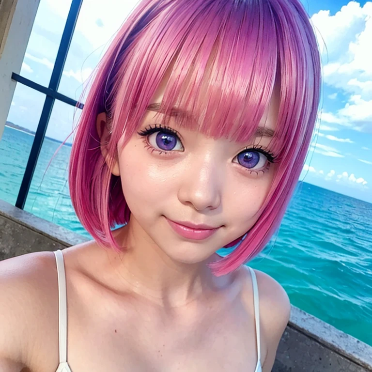 Girl、one person、 ************、Pink Hair、Purple eyeedium Bob、hair ornaments、Green checkered micro bikini、Big eyes、D cup bust、Cowboy Shot、Ocean、null、Ultra-wide angle drawing、(masterpiece:1.2, highest quality),、(Beautiful, detailed eyes: 1.2)、 (Ultra delicate),Smile、blush