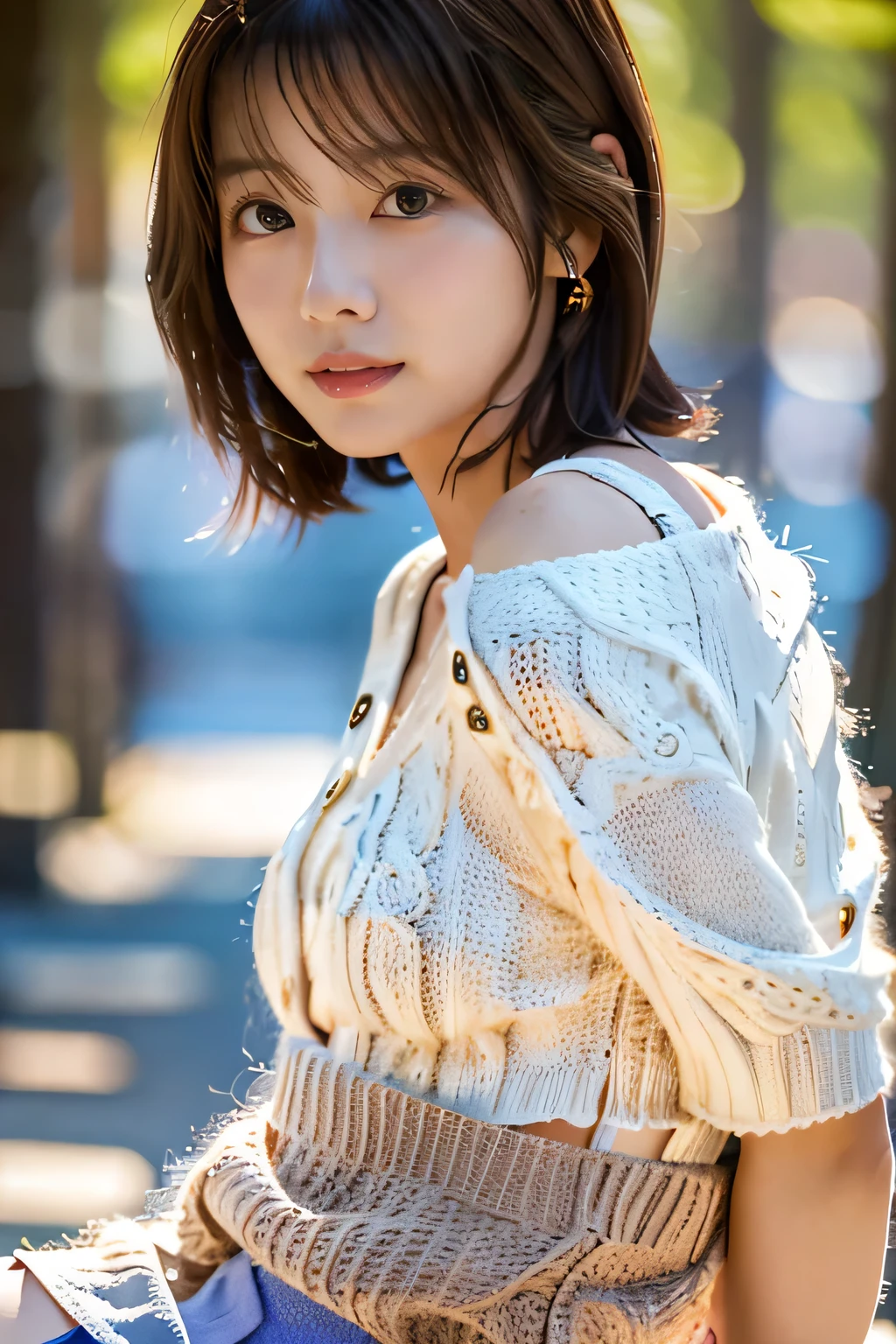 highest quality, Photorealistic, Very detailed, finely, High resolution, 8K Wallpaper, Professional, High level of detail, ((One 18 year old girl:1.2)), Slender Japanese women,Pretty lips, (Long eyelashes:1.2)、Detailed clavicle, Perfect Face, (Cute short bob hair:1.5),Top Quality,Ultra-clear resolution,Clear Eyes,Sunburned skin,Perfect breasts,have perfect legs,Focus on the legs,On the bed in a long flared skirt,As if inviting him、wearing knit sweater & miniskirt, (Flirtingly lifting her skirt to show her panties:1.5)