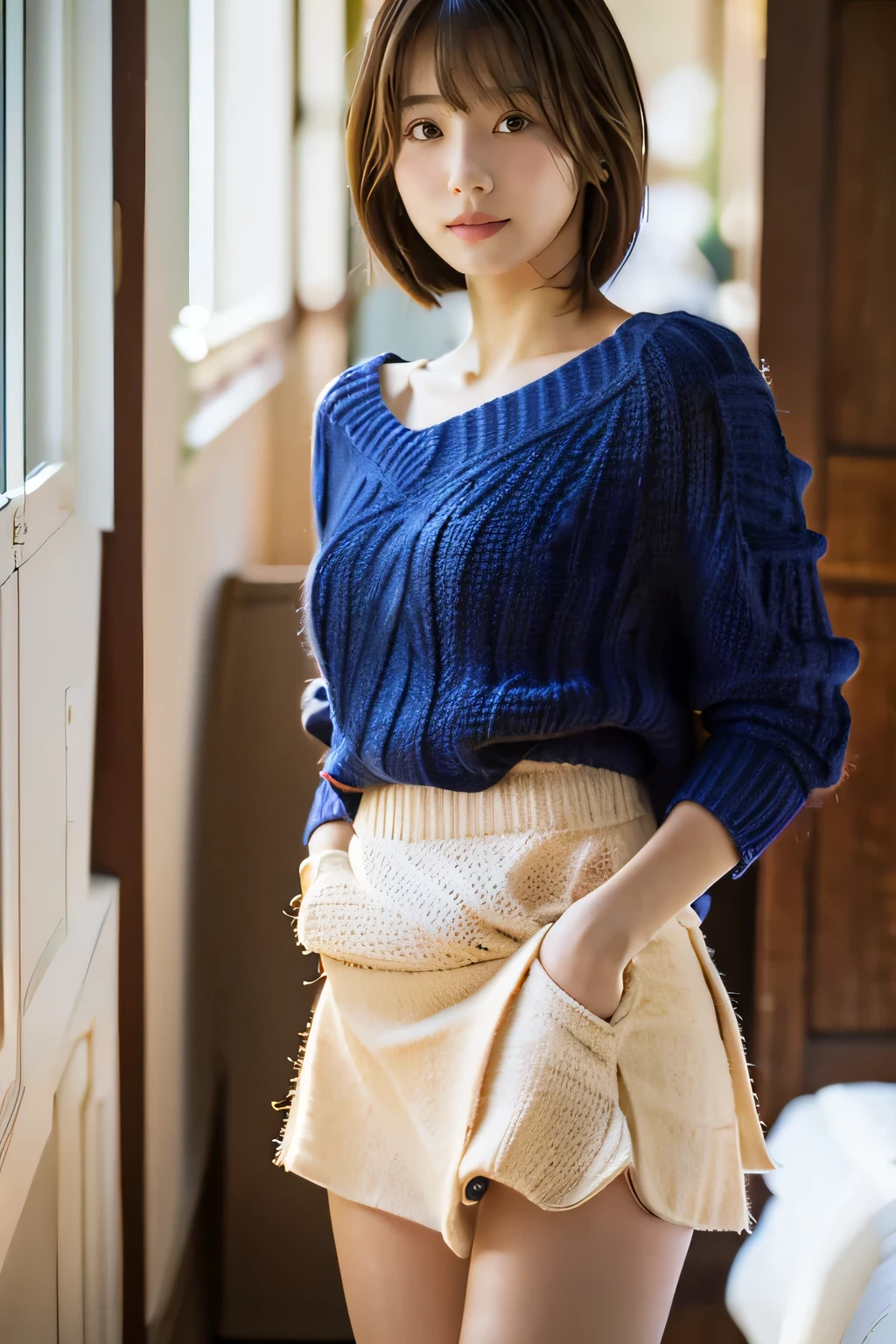highest quality, Photorealistic, Very detailed, finely, High resolution, 8K Wallpaper, Professional, High level of detail, ((One 18 year old girl:1.2)), Slender Japanese women,Pretty lips, (Long eyelashes:1.2)、Detailed clavicle, Perfect Face, (Cute short bob hair:1.5),Top Quality，Ultra-clear resolution，Clear Eyes，Sunburned skin，Perfect breasts，have perfect legs，Focus on the legs，On the bed in a long flared skirt，As if inviting him、wearing knit sweater & miniskirt, (Flirtingly lifting her skirt to show her panties:1.5)