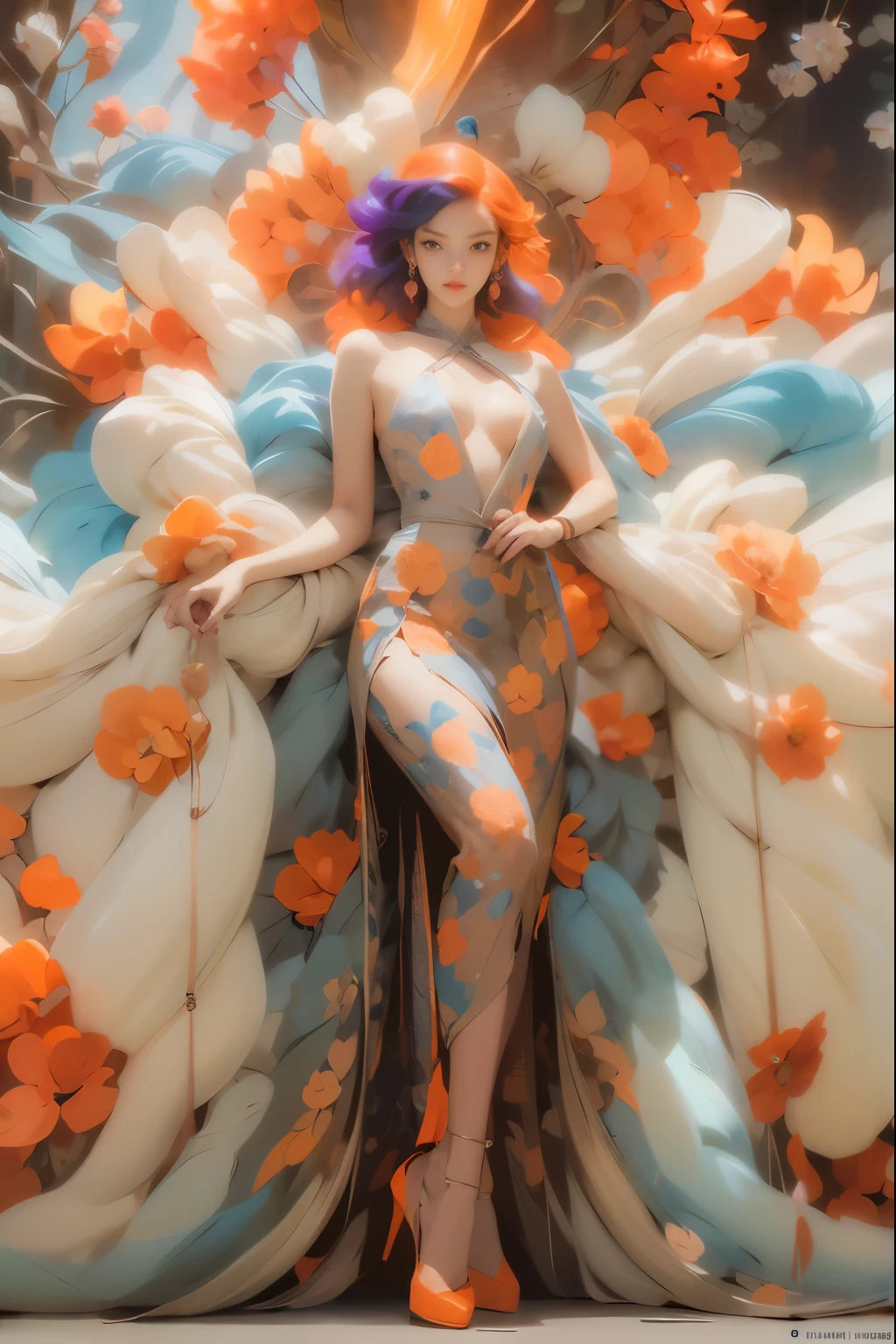 full body, backlit, chic fashion editorial, floral, body silhouette light, backlit silhouette silhouette((light orange hair)) (fashion high fashion) photography, (close-up: 1.1), glamorous woman with gorgeous (((blue and light orange flowered))) silk gown, beautiful side boob, sensual body, sensual pose, wearing thin strappy high heels, Japanese style, camera View from below, perspective, dynamic angle, facing camera, oily skin, glowing skin, striking composition, strong and confident pose, sensual gesture, glamor, seduction, sharp focus, high contrast, dramatic shadows, low light environment, dramatic lighting, youthful energy, oil painting, backlight, glass flowers, reality, realistic, sensual pose, striking pose, stylized pose, sensual pose, stylized pose, reality, perfect, xuer peacock feather
