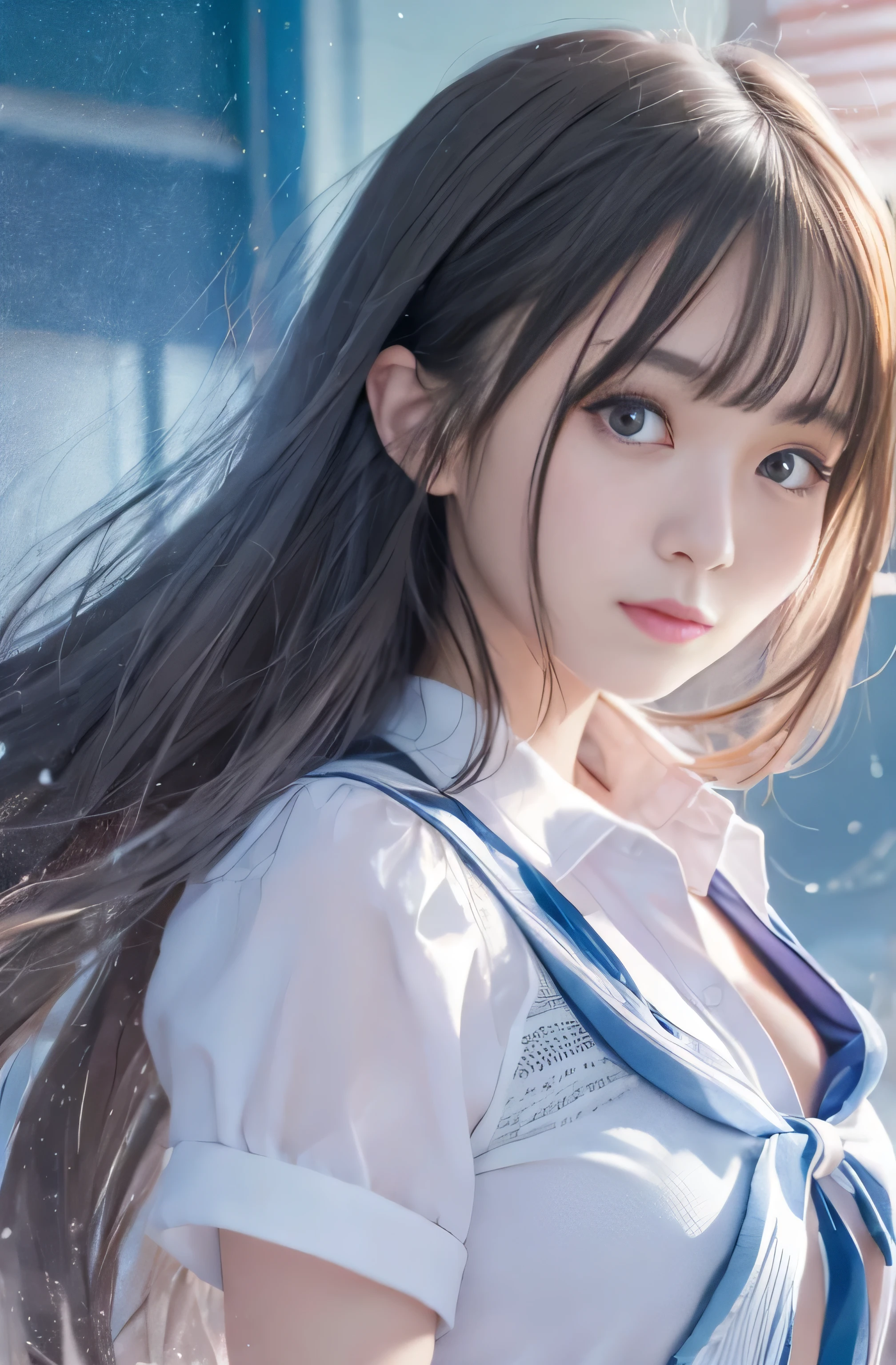 ((RAW Image Quality:1.4)), Girl with long hair and blue eyes standing in front of a colorful background, uniform, Thin white button-down blouse, Light Blue Bra, Big Breasts, Hair blowing in the wind, Cute girl visuals, Moe art style, Smooth Art Photography, Hololive, Visual novel, Beautiful school girl, Splash Art , hanayamata, Portraiture, Cute and realistic portrait, everyone, Official artwork