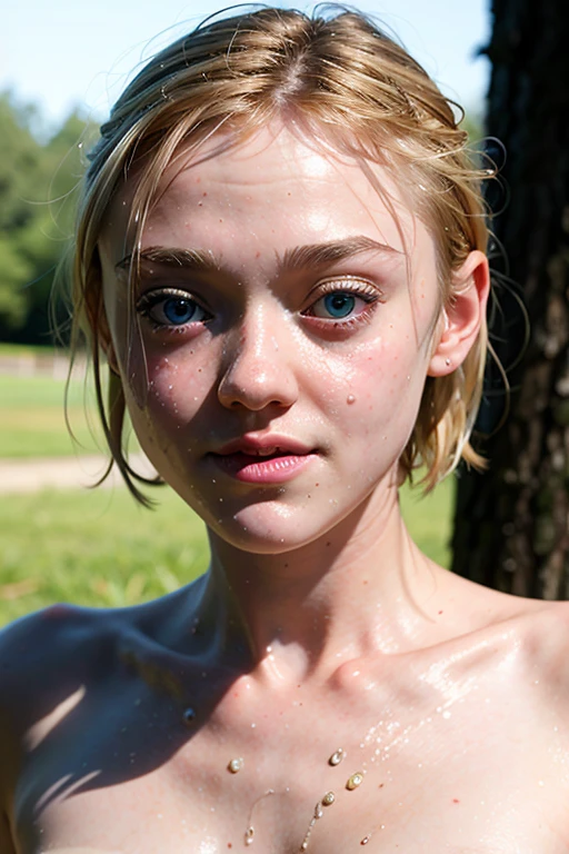 8k quality, only face in picture, wet, naked, shy, sexy, clean body, dakota fanning, short hair, shy, cum on face, Mouth open, looks at the viewer, suck cock, small breasts 