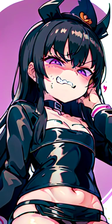 1 girl,heart-shaped pupils, put your hand on your face, (black hair), (purple eyes), long hair, (((long hime hair))) (blush:1.1), Upper body, trembling, Sweat, Sweatdrop, heart, (speed line:1.1), ((Flat milk)), ((heavy breathing:1.3)), like, heart, Happy, angry look, Yandere, (()), evil smile, open your mouth, ((jagged teeth)), small breasts, Black military cap, ((black jacket)), off shoulder, ((shiny latex black tube top)), ((strapless)), shiny, ((mini pencil skirt)), cowboy shot, ((hime hair)), hime cut, hime haircut, hime style, black off shoulder jacket