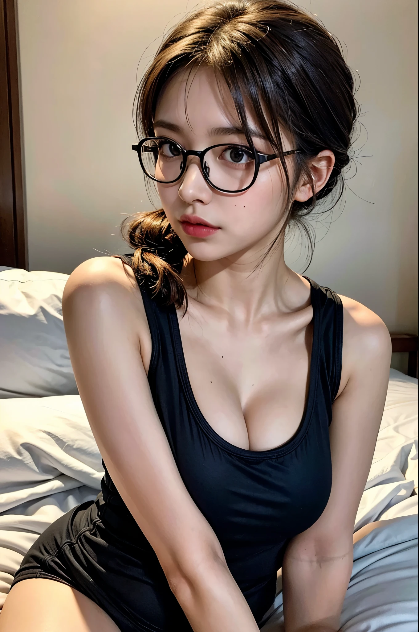 Best quality: 1.4, high resolution, perfect lighting, one girl, big breasts apart, glasses, hair tied, camisole, on a fluffy bed